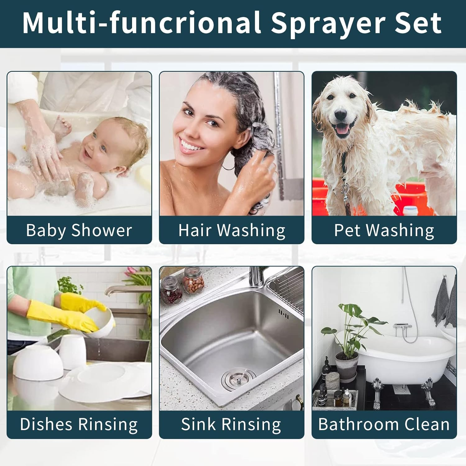 USLICCX Sink Faucet Rinser for Dog Baby Hair Washing Kitchen Bathroom Sink Bathtub Extension Sprayer Set with Recoil Hose & Shower Holder & Water Diverter, Polished Chrome image number 1