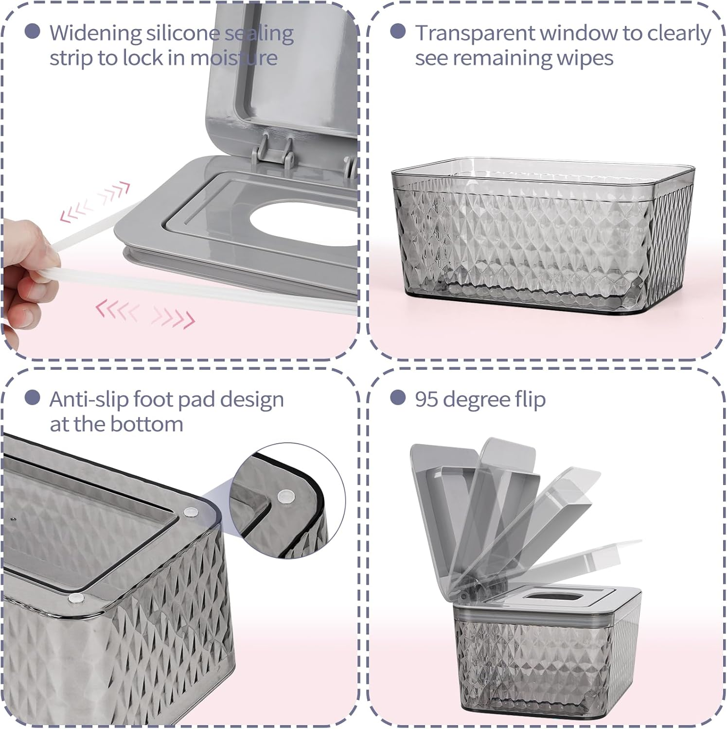 Wipes Dispenser, One-Handed Operation Wipe Holder for Baby & Adult, Seal-Designed Wipes Container for Bathroom Keep Diaper Wipes Fresh (Grey) image number 5