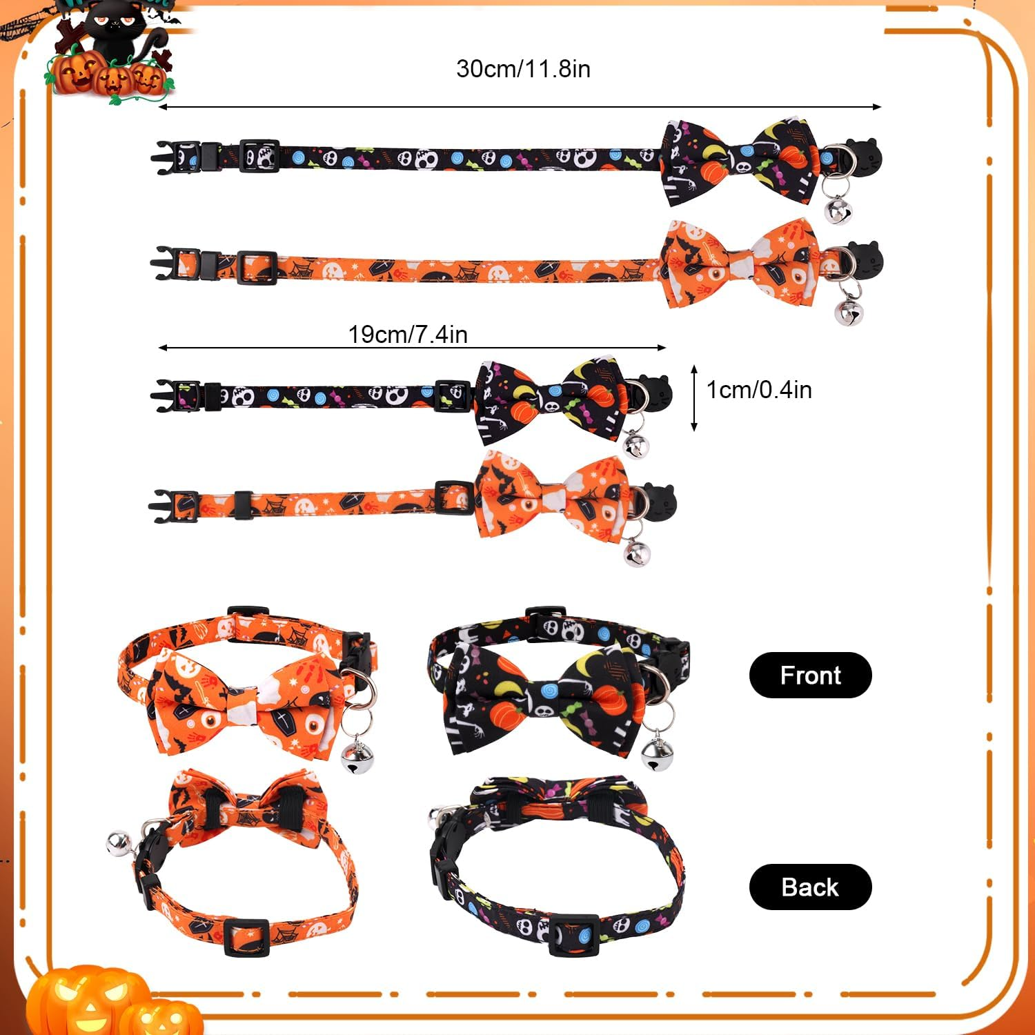 2 Halloween Cat Collars, Adjustable Cotton Fabric Cat Collar with Bell Soft and Comfortable Cats with Bow (Black+Skull, Orange+Pumpkin) image number 1