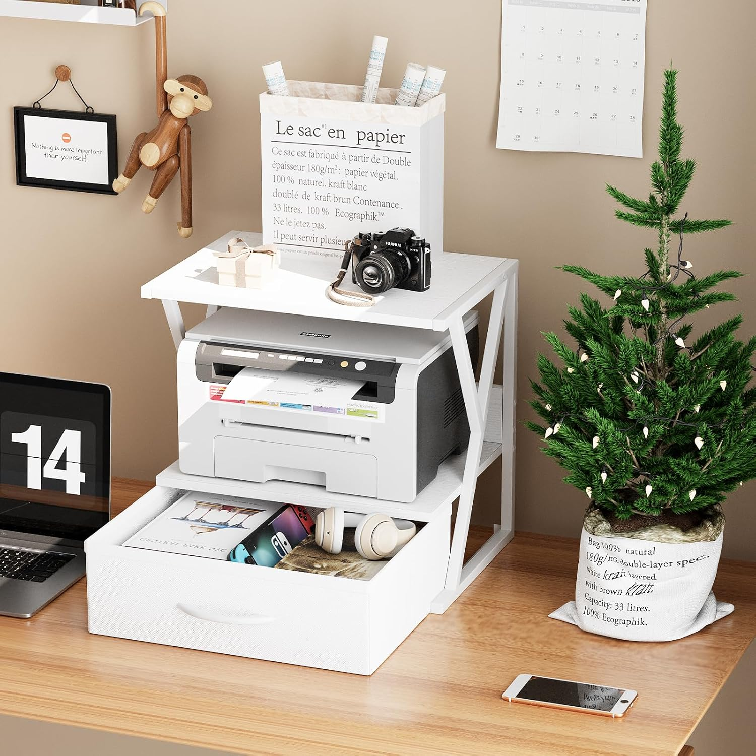 Aboxoo Printer Stand for Desk with Storage Drawer, 2 Tier Desktop or under Desk Shelf, Multi-Purpose Desk Organizer for Home Office, Fit Fax Machine/3D Printer/Scanner, White image number 3