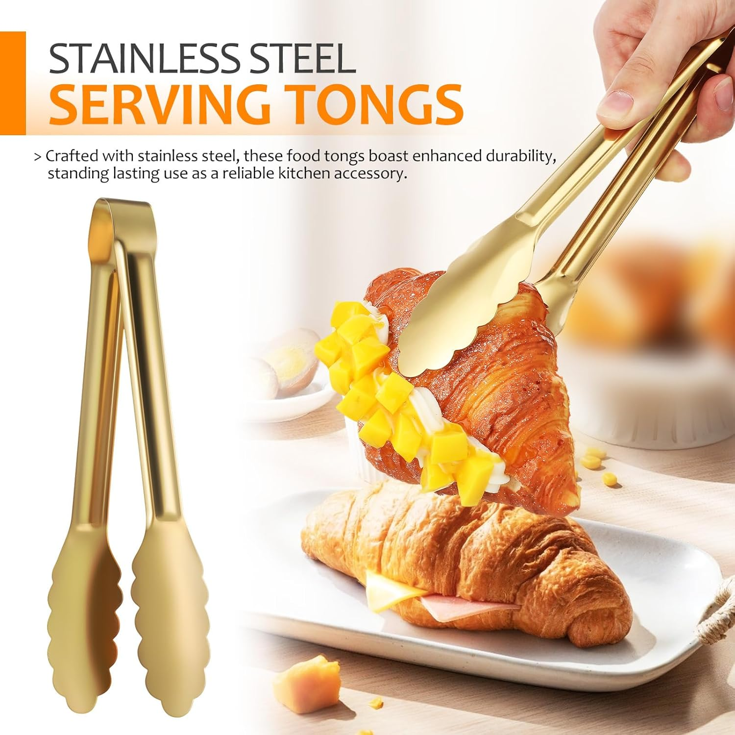 Luxshiny 4Pcs Golden Stainless Steel Serving Tongs for Cooking, BBQ, Grilling, Appetizer, Dessert, Ice Bucket, Sugar Cubes