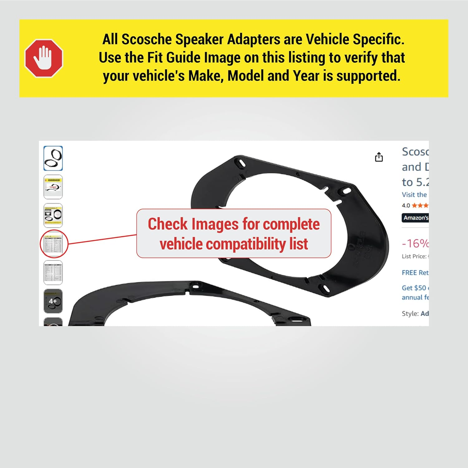 SCOSCHE SA68 6X8 to 5.25&rdquo; or 6.5&rdquo; Car Speaker Adapter Pair Compatible with 1994 and Newer &ndash; Ford Mustang or Ford F-Series image number 4