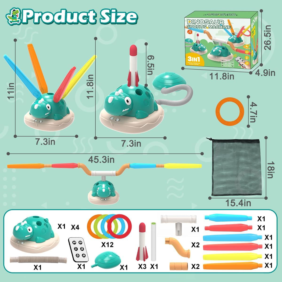 Kaekid Indoor Outdoor Toy for Kids, 3-In-1 Dinosaur Rocket Launcher, Ring Toss & Musical Jumping Toy for Kids Aged 3-8, Kids Toys with Remote Control & Storage Bag image number 1