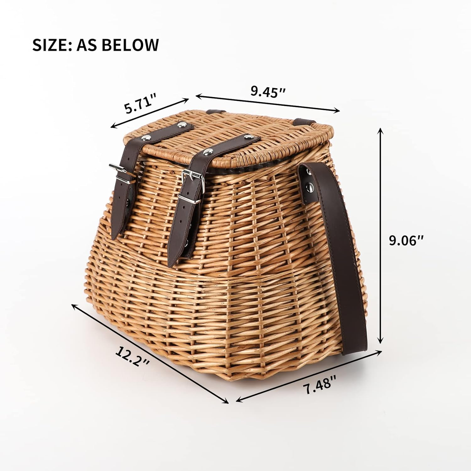 Wicker Picnic Basket, Fishing Creel Basket, Carrying Gift Basket with Lid and Shoulder Strap image number 2