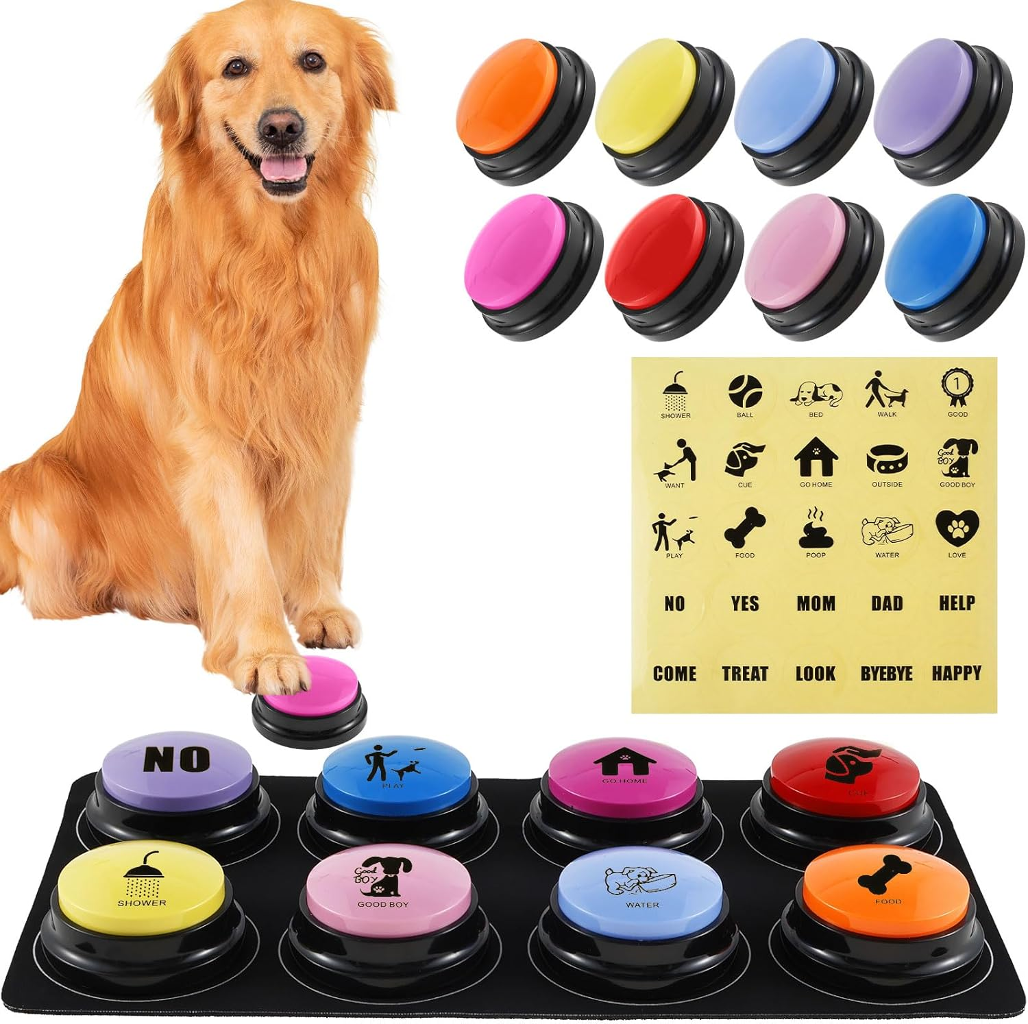 8Pcs Dog Talking Button Recordable Dog Training Buttons 8 Color Dog Training Buzzers 30 Seconds Voice Recording Battery Operated Pet Communication Buttons for Pet Dog Training