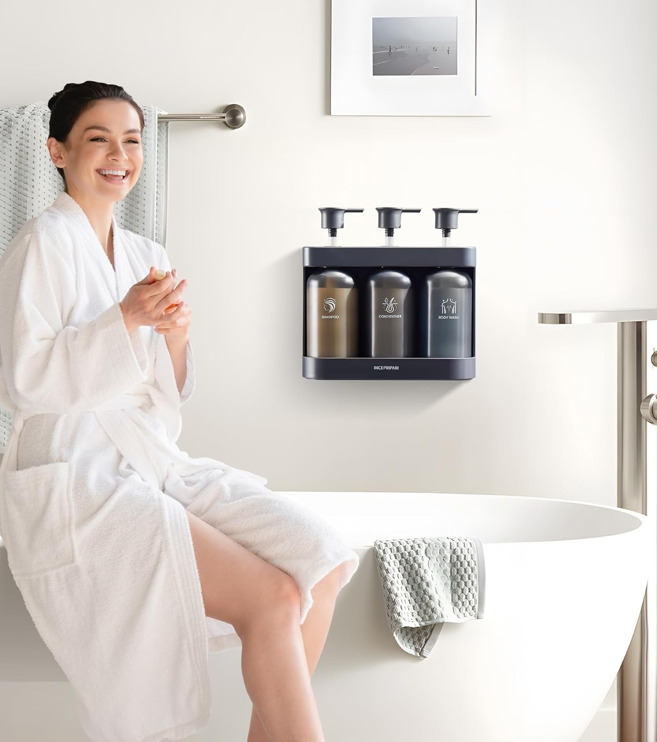 Shampoo Dispense for Shower, Shower Soap Dispenser Wall Mounted, Shower Dispenser 3 Chamber No Drill, Shampoo and Conditioner Dispenser for Bathroom Hotel, Shower Shampoo Dispenser 3 Chamber, Black