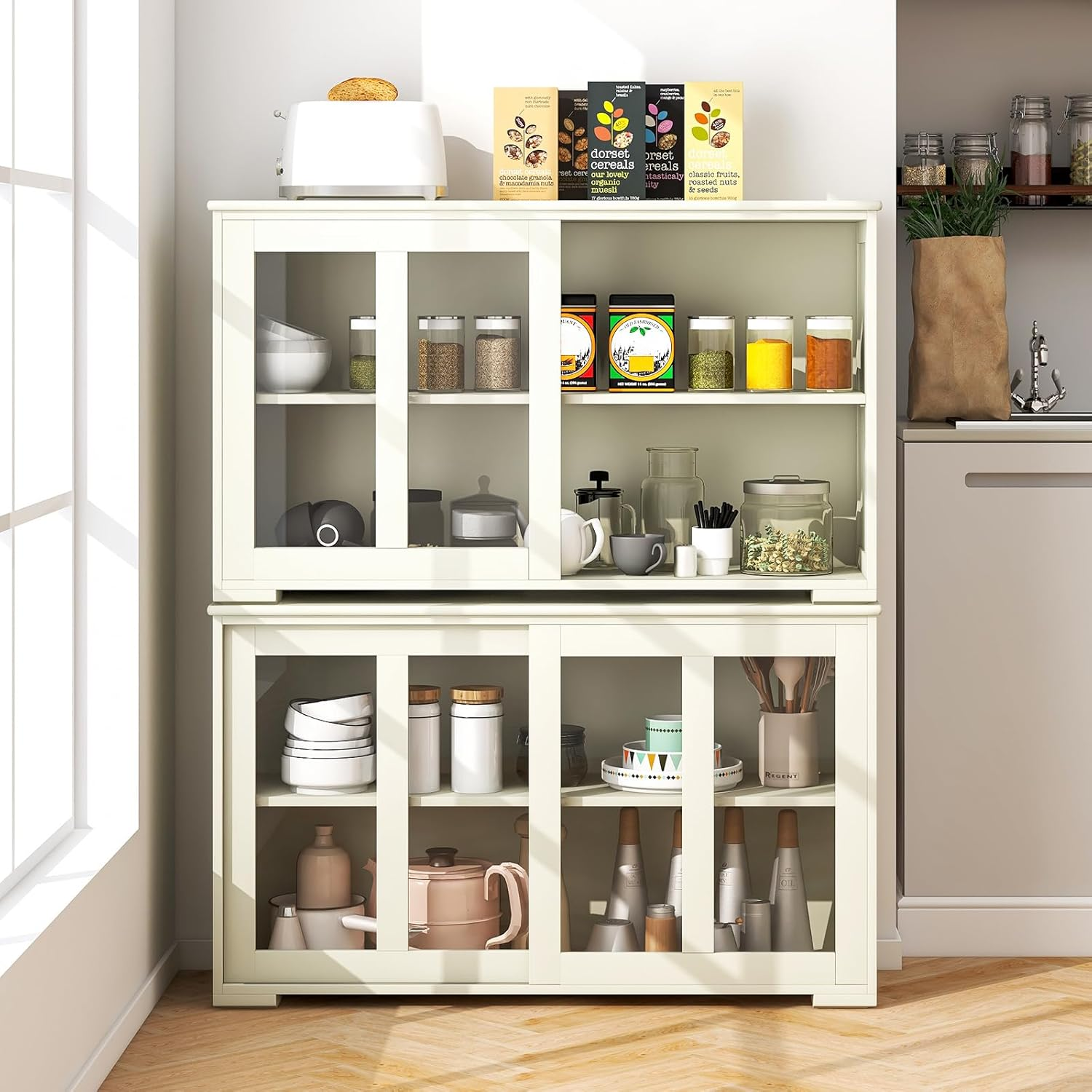 Giantex Kitchen Storage Sideboard, Buffet Storage Cabinet W/Adjustable Shelf, Dining Buffet Server Cabinet Cupboard with Glass Sliding Door Panels, Wooden Console Table for Home Kitchen (Beige) - Black image number 6