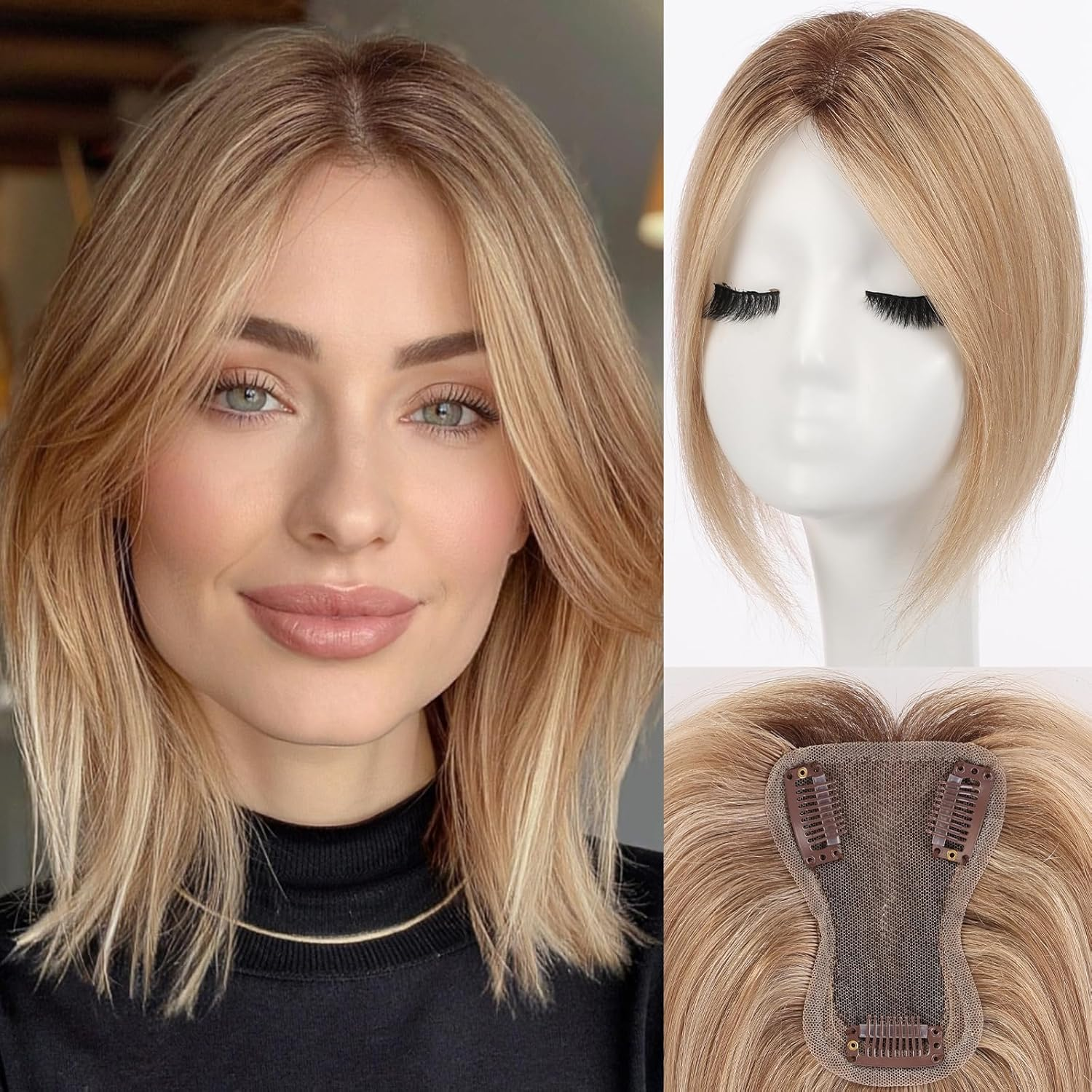 Starluck Real Human Hair Toppers for Women 10Inch-Suitable for Thinning Hair No Bangs 3 * 4.5Inches Swiss Base Hand-Tied & 3 Secure Clips(4T10/16#)