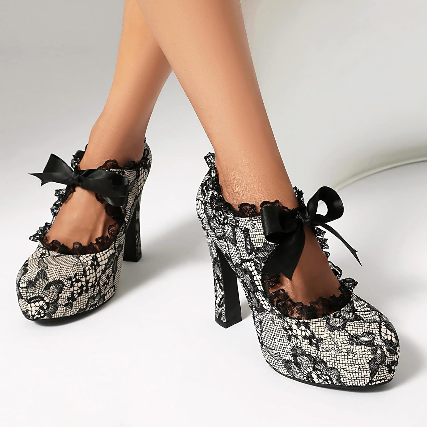 Elerhythm Women'S Lace Flower Mary Jane Punk Closed Toe Prom Costume Elegantes Gothic Pumps Vintage Sweet Platform High Heels Shoes image number 2