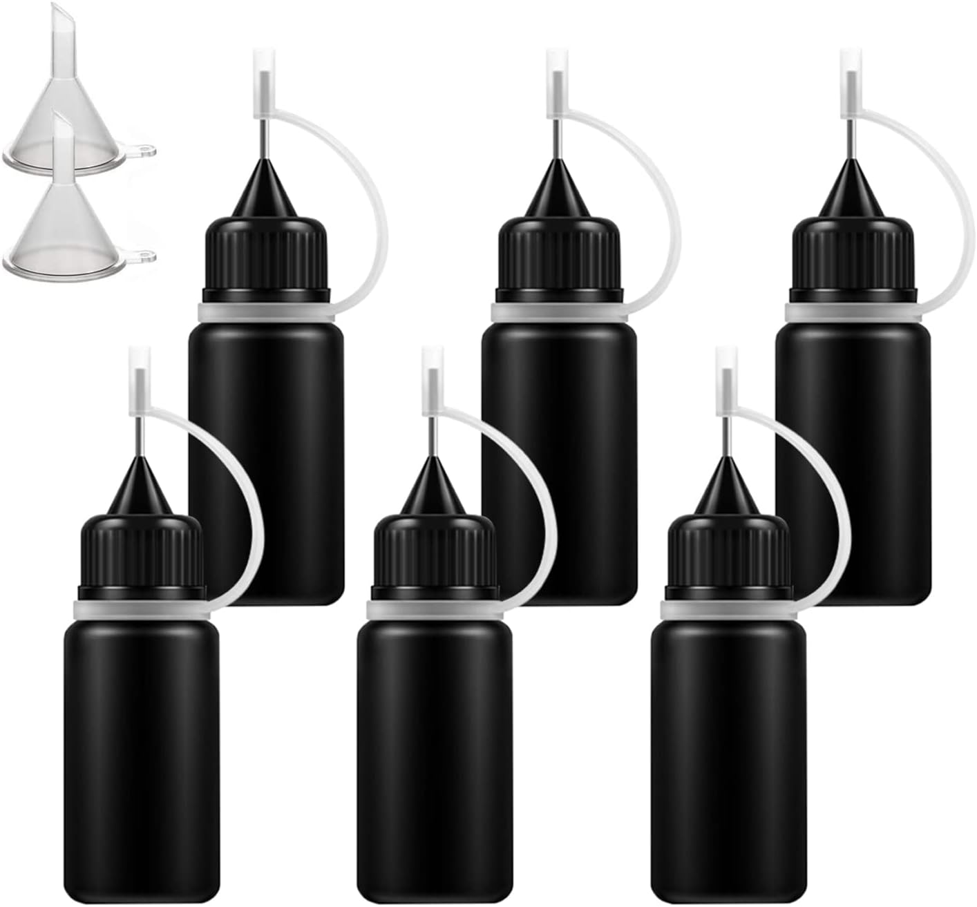 AQSXO 1 Ounce Black Needle Tip Glue Bottle, Tip Applicator Bottle with 2 Funnel, for Glue,Liquid,Oil, DIY Crafts Etc, 6 Pcs.