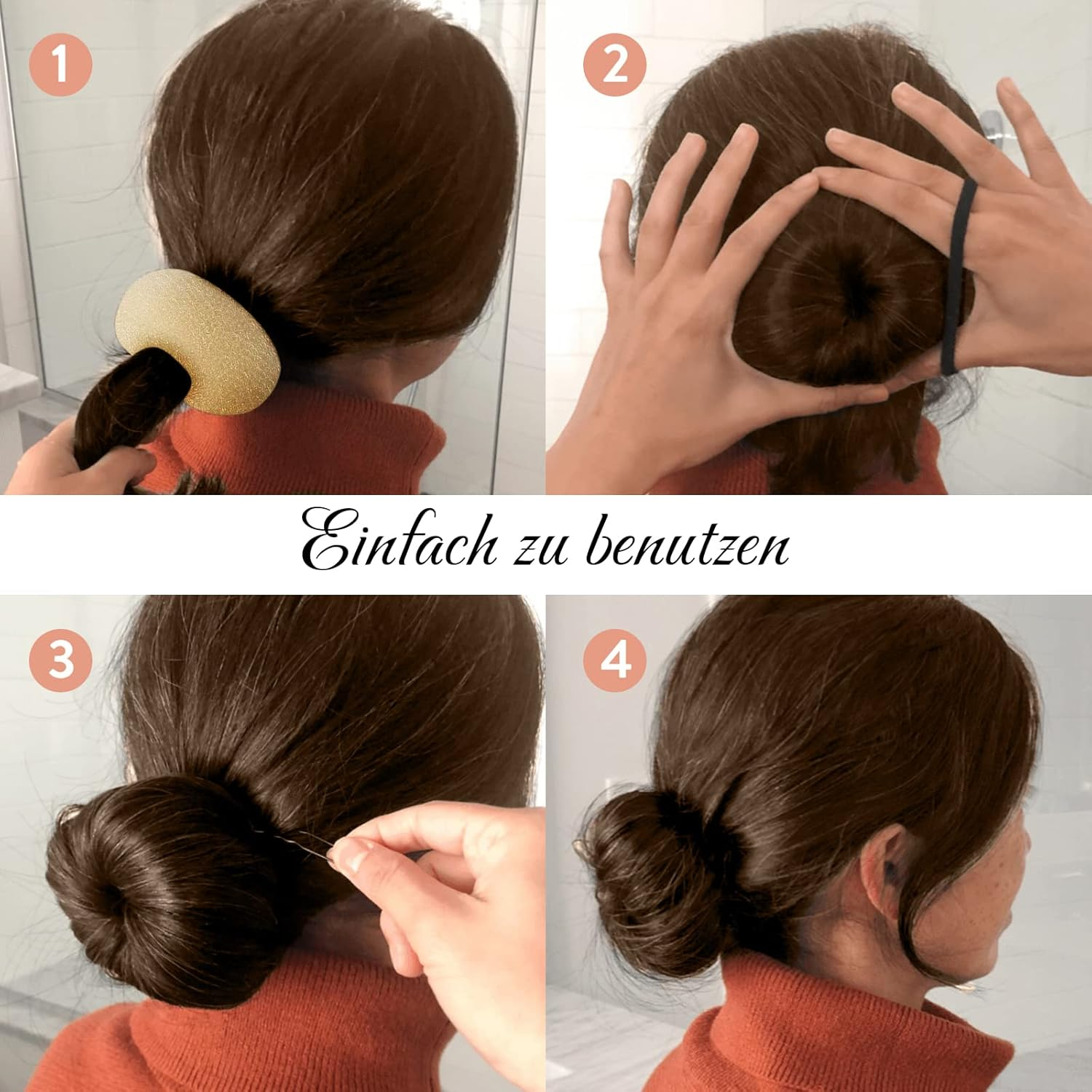 Pack of 6 Bun Cushions, Doughnut Hair Bun Maker Set with 10 Elastic Hair Bands and 10 U-Shaped Hair Pins, VEGCOO Bun Pillow Small and Large Nylon Hair Donut Brown Bun Aid for Children Women Girls (White) - White image number 3