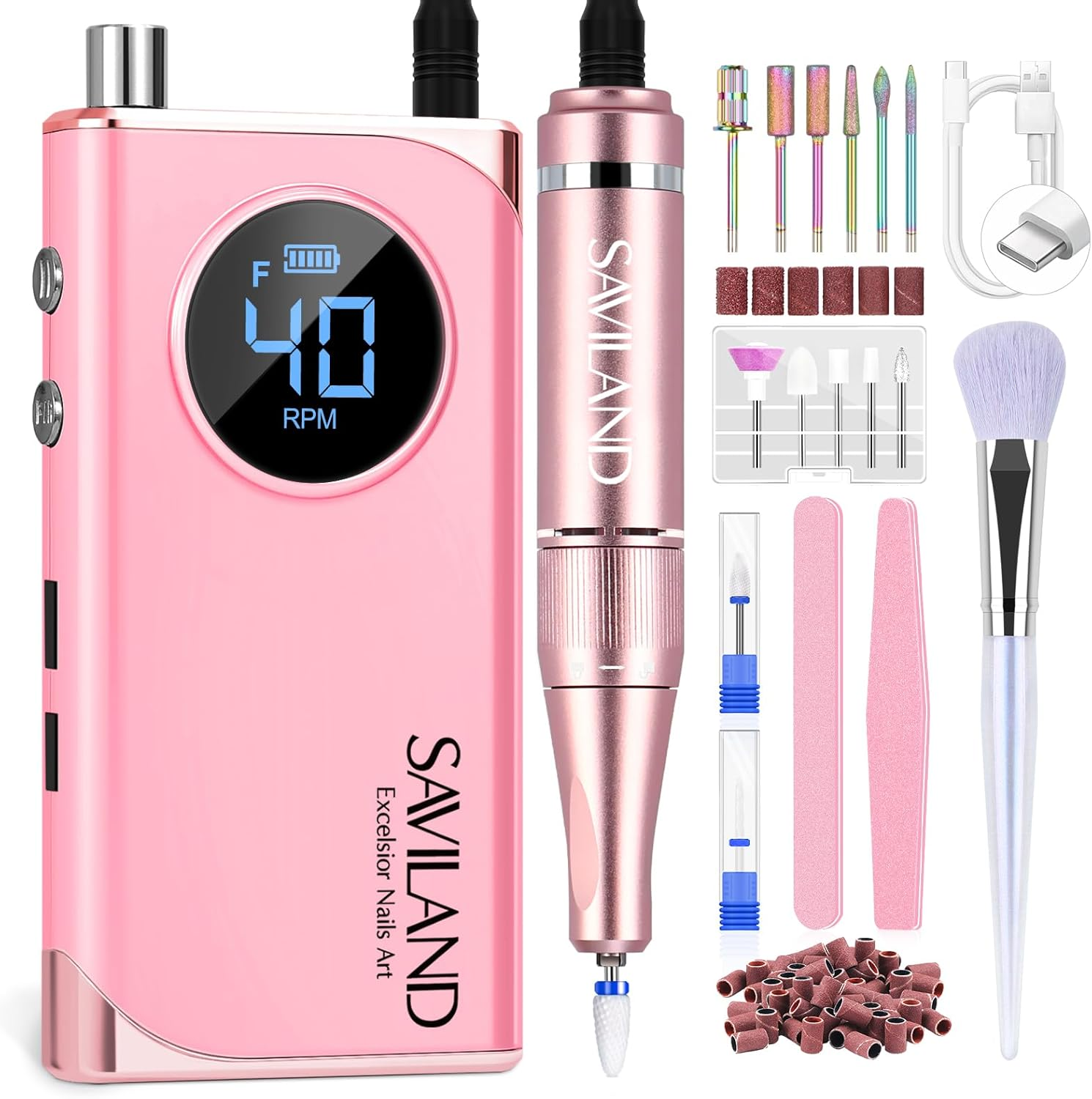SAVILAND Electric Nail Drill Professional: 40000RPM Pink Nail Filer Electric Manicure Pedicure 13 Nail Drill Bits for Acrylic Nails False Nails Gel Nails Dip Nail Artificial Nails Home Salon image number 3