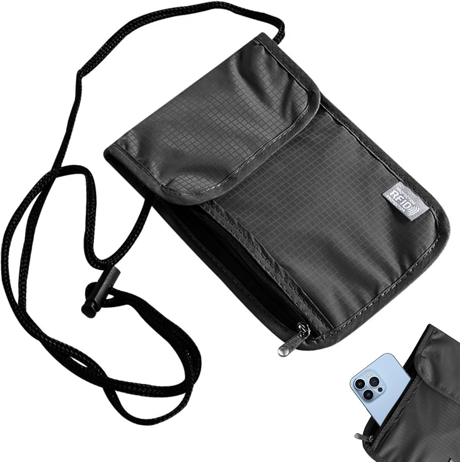 Huotflame Neck Pouch with RFID Protection - Waterproof Nylon Travel Wallet for Passport, Credit Cards & Mobile Phone - Anti-Theft Chest Pocket 19 X 14 Cm Black for Men & Women When Travel image number 3