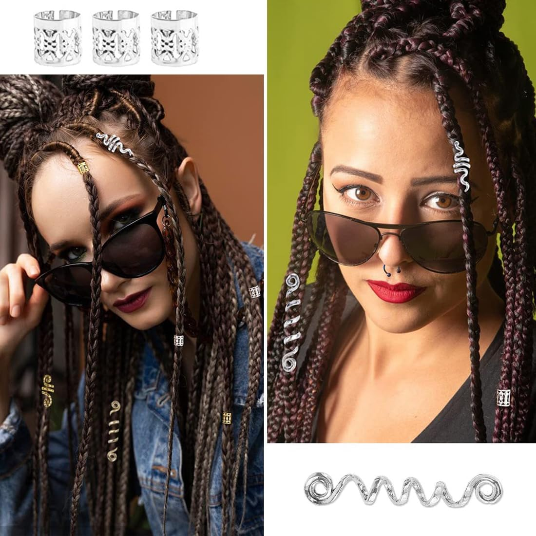 SIRLOMU Pack of 28 Dreadlocks Jewellery, Adjustable Metal Cuffs, Hair Spiral Clips, Dreadlocks Beads, Braiding Hair Jewellery, Suitable for Men and Women (Silver) image number 5