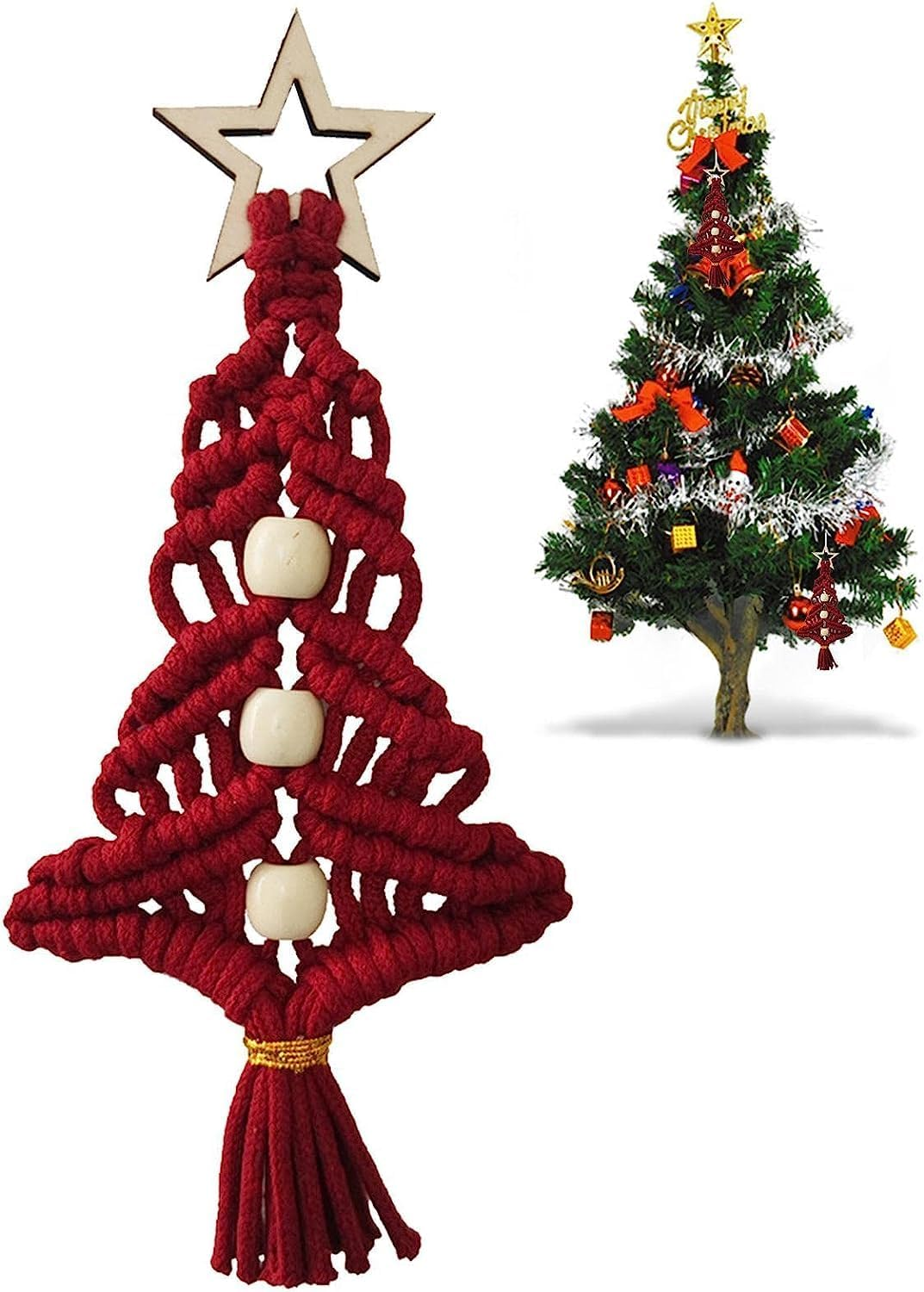 Christmas Hanging Ornaments | Christmas Tree Shaped Knitted Ornaments Hanging Decorations | Bohemian Christmas Decorations Pendant Ornaments image number 4