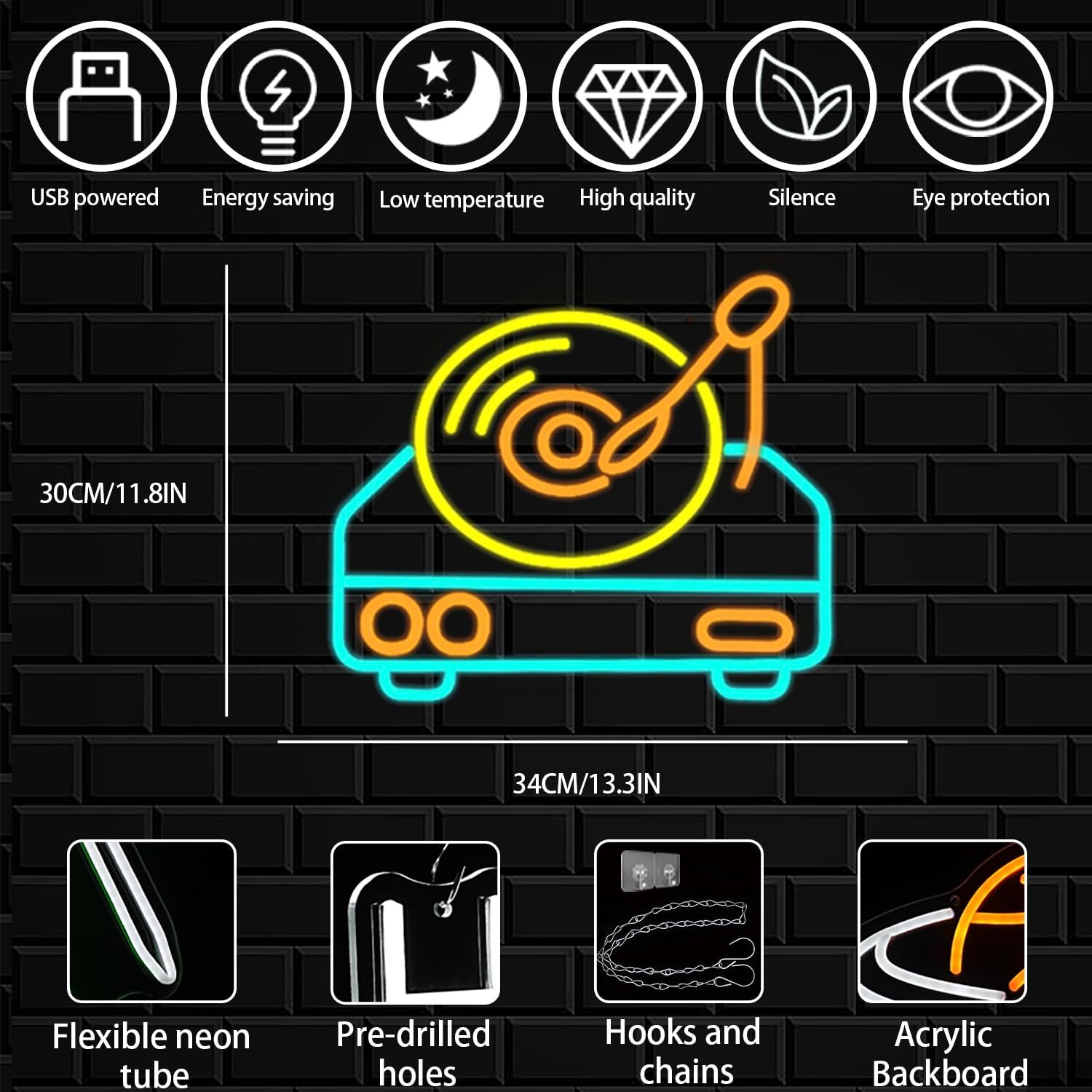 LMSIGNLY Music Plate Neon Sign for Wall Decoration Music Neon Light Vintage Record Player LED Neon Signs Dimmable Colourful Music LED Light up Sign for Bar Party Concert Christmas Wall Art image number 1