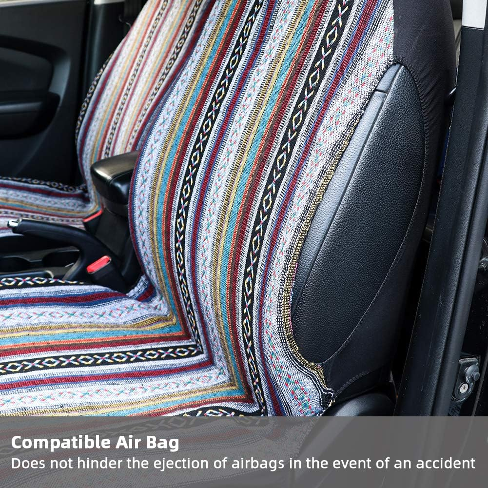 Car Seat Cover Baja Saddle Blanket 4PCS Front Striped Multicolor, Hippie Boho Seat Cover Universal Fit for Toyota, Honda, Nissan, Chevy, Rav4 Car Suvs Truck with Airbag Compatible - Multicolor image number 5