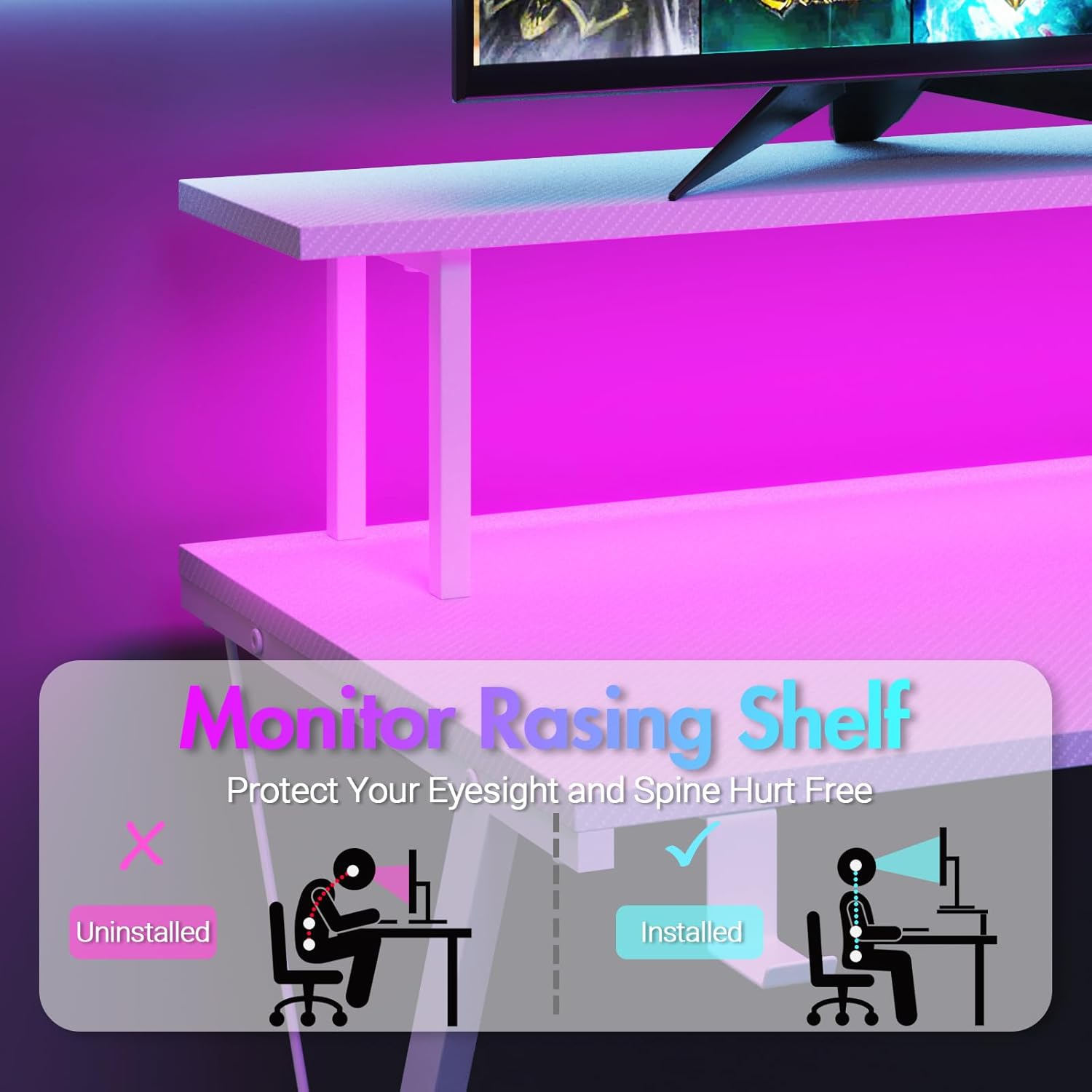 Advwin L Shaped Gaming Desk with LED Lights & Power Outlets Computer Corner Desk with Monitor Stand Gaming Table with Hook White - Black image number 5