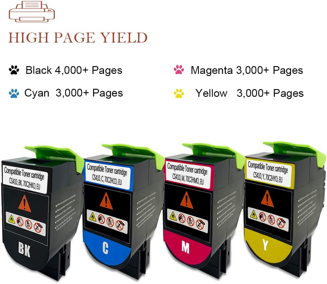 Compatible CS310 CS410 CS510 Toner Cartridge for Lexmark Cs310Dn Cs310N Cs310Dtn Cs410N Cs410Dn Cs410Dtn Cs510De Cs510Dte Printers, 4000 & 3000 Pages 70C2HK2HK2 0 70C. 2HC0 70C2HM0 70C2HY0 (BK/C/Y/M)