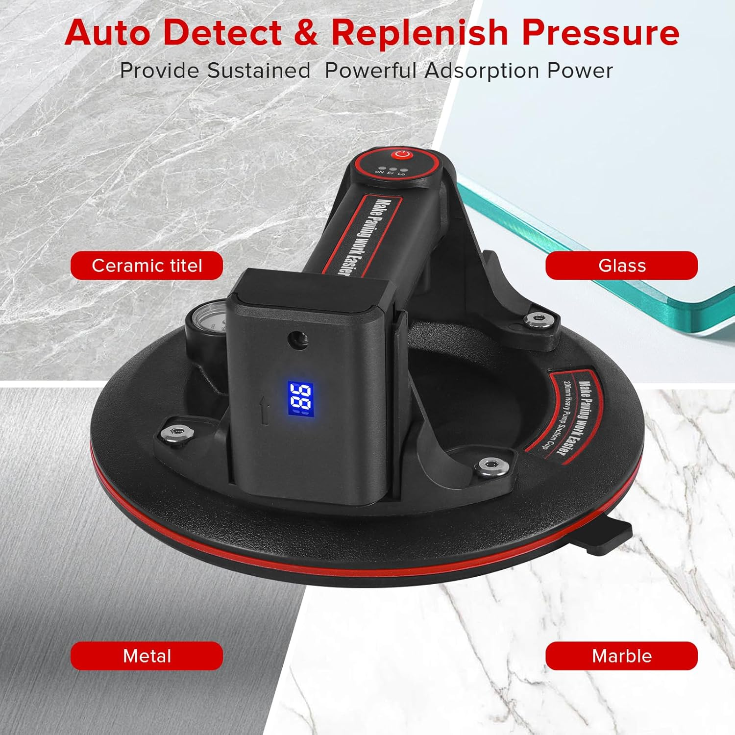 8" Electric Vacuum Suction Cups Lifter with Battery 3000Mah Max Load 600Lbs Glass Suction Cups Auto Detect and Replenish Pressure for Transport Glass Tile Granite Windshield (1Pack). image number 1