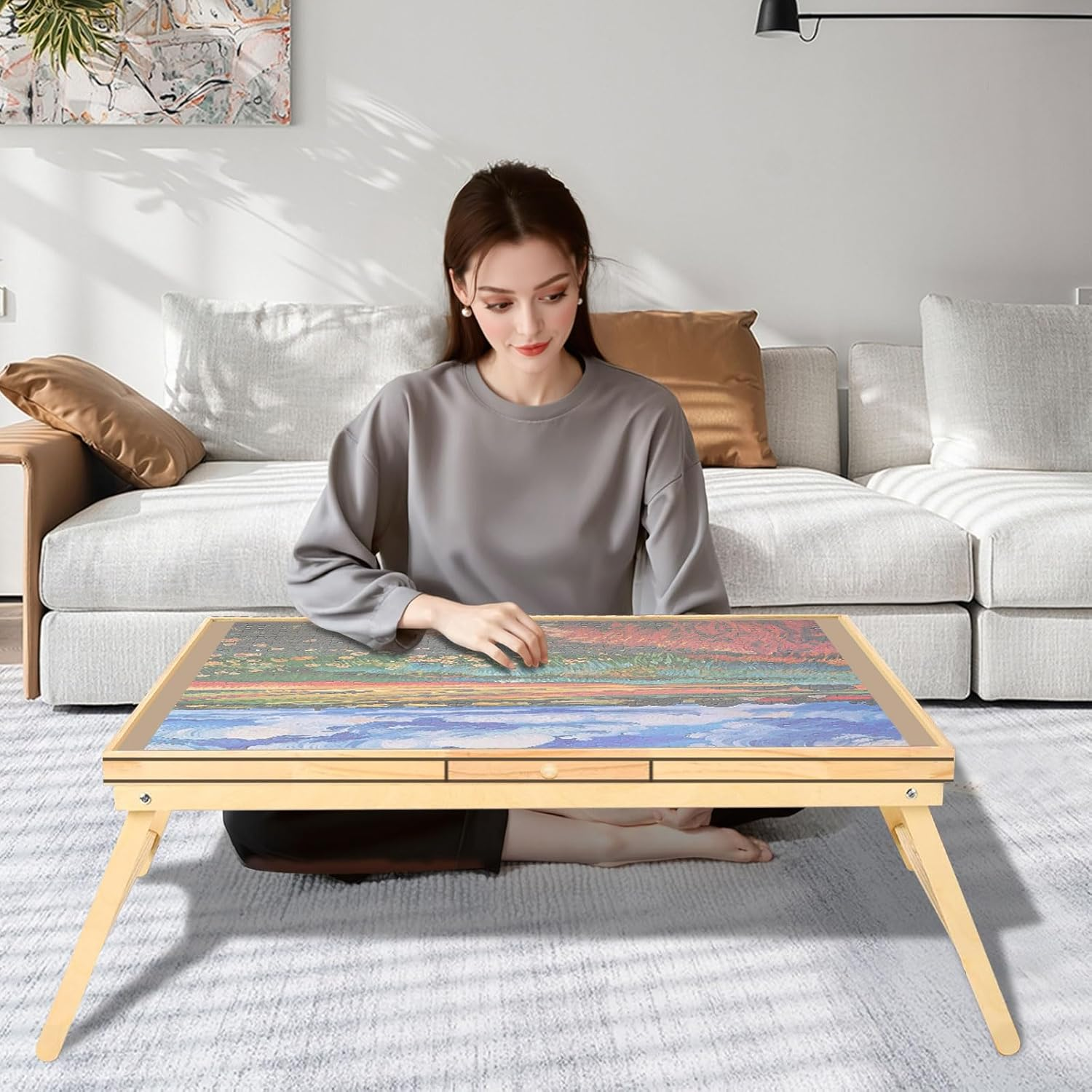 1500 Piece Puzzle Table with 6 Drawers, Foldable Puzzle Board with Legs Portable Puzzle Table Jigsaw Puzzle Board Cover Wooden Jigsaw Board for Adults Ideal Puzzles Lovers