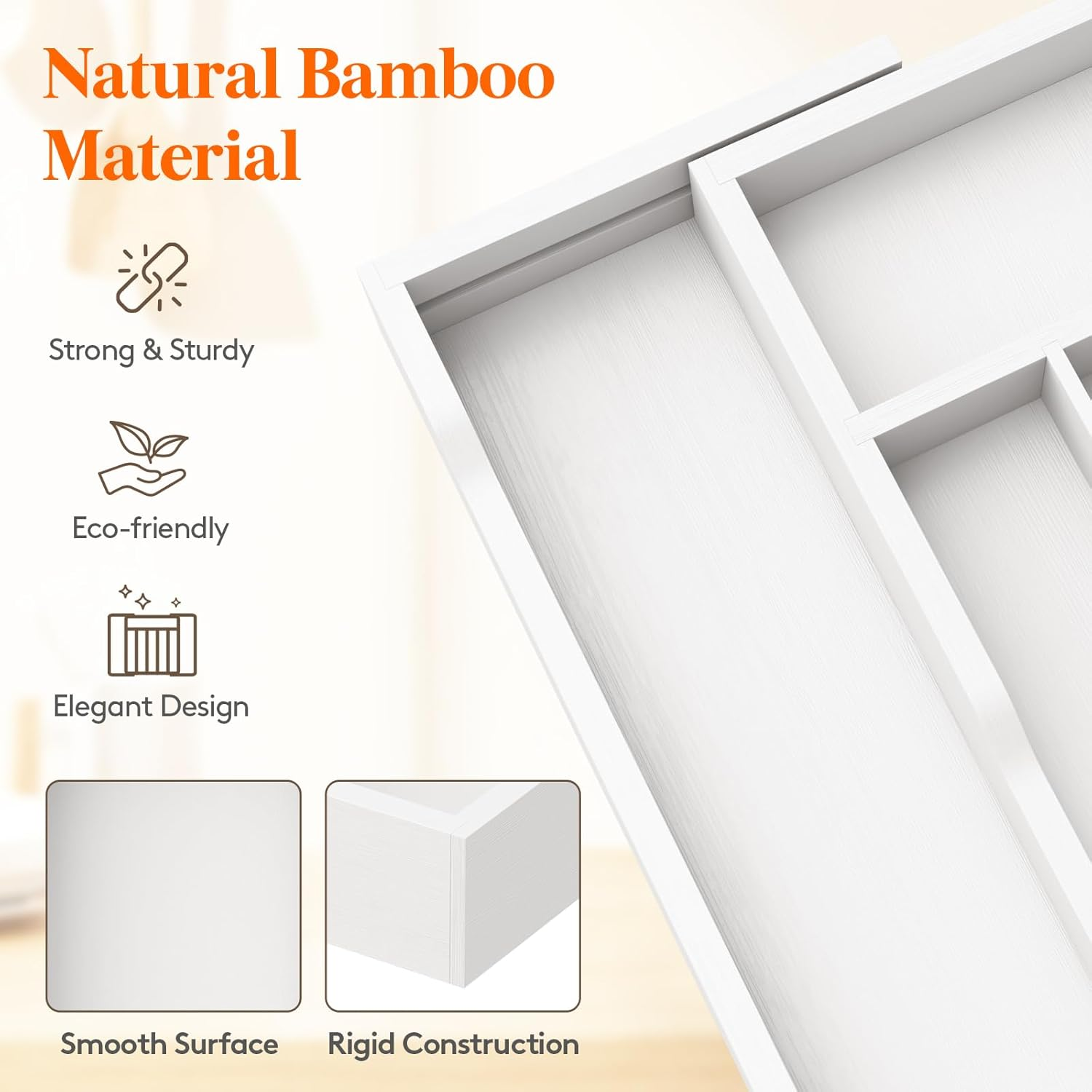 Lifewit Silverware Drawer Organizer, Expandable Utensil Tray for Kitchen, Bamboo Flatware and Cutlery Holder, Wood Adjustable Storage for Spoons Forks Knives, Large, White image number 2