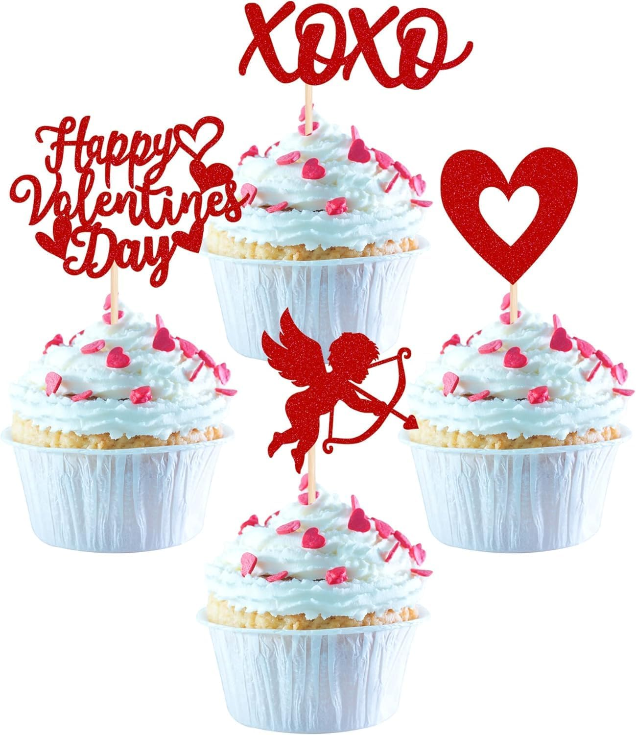 24 Pack Happy Valentine'S Day Cupcake Toppers with Heart Glitter Sweet Love Theme Valentine'S Day Cupcake Food Picks Birthday Party Cake Decorations Supplies Red(#1)