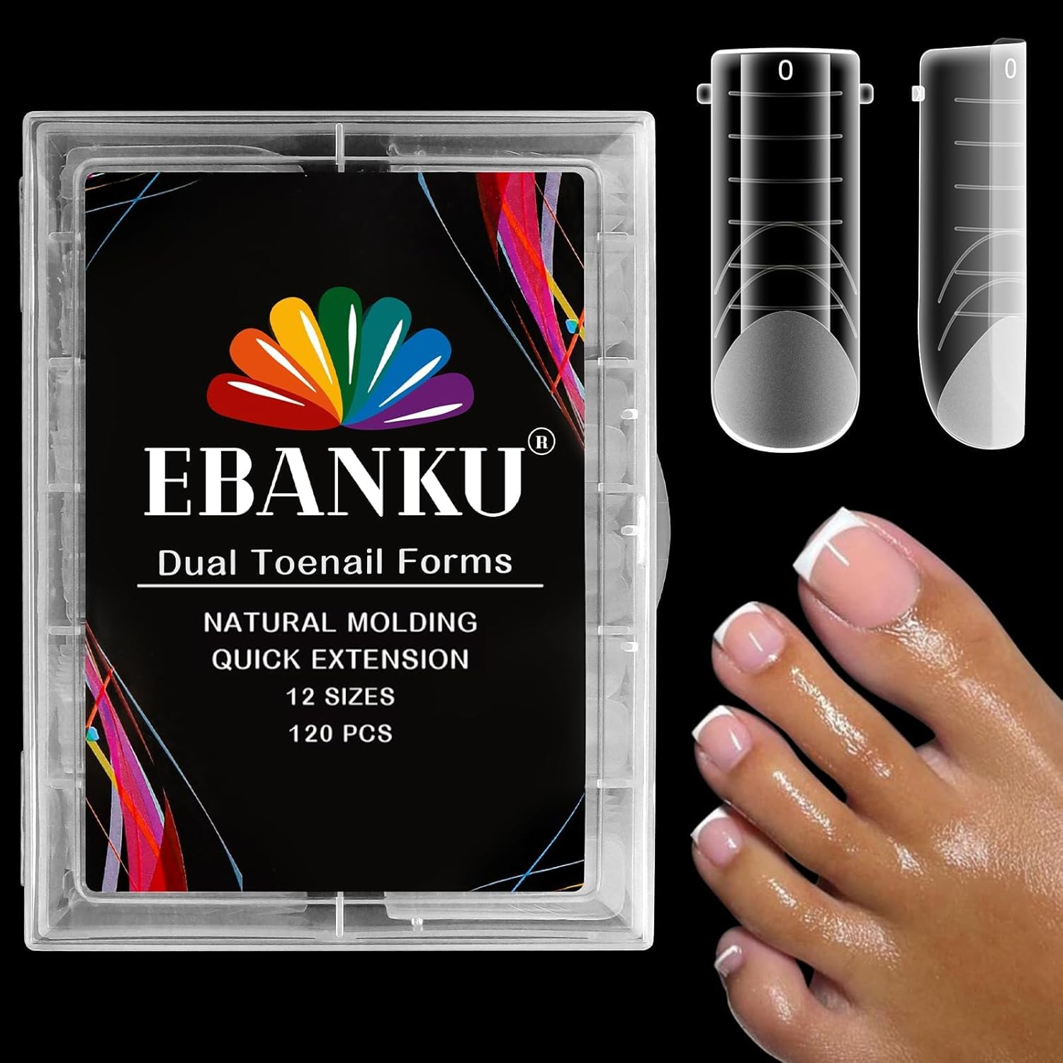 EBANKU 120 PCS Poly Gel Nail Forms for Toes, Long Square Dual Forms for Polygel Pedi Nail Extension Poly Gel Toenails Set Reusable Toe Nail Tips Mold, 12 Sizes