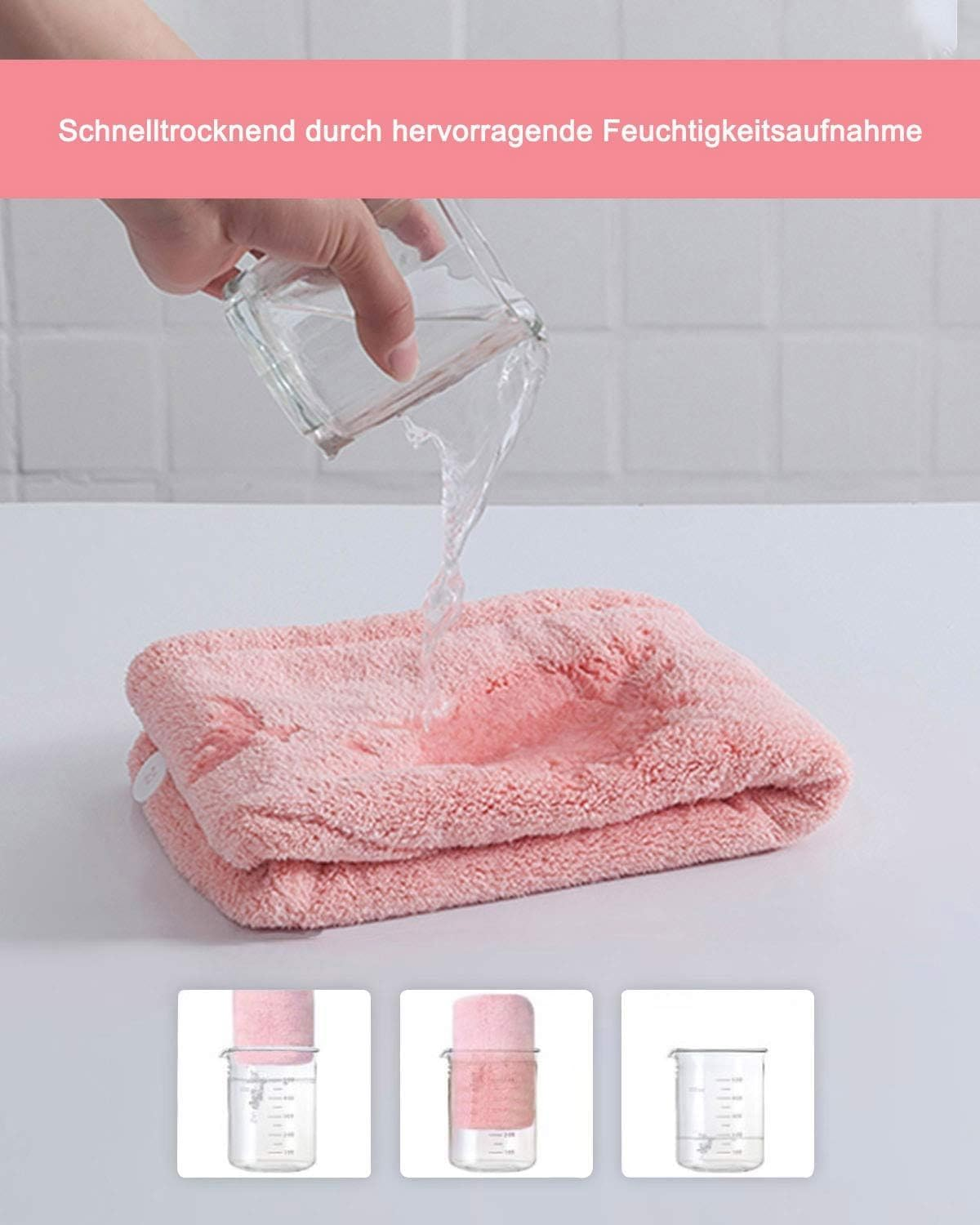 KEMUZ 1 X Microfibre Hair Towel, Super Absorbent Hair Turban for Wet Hair, Turban Towel with Button, for Home, Travel, Gym (Pink) image number 3