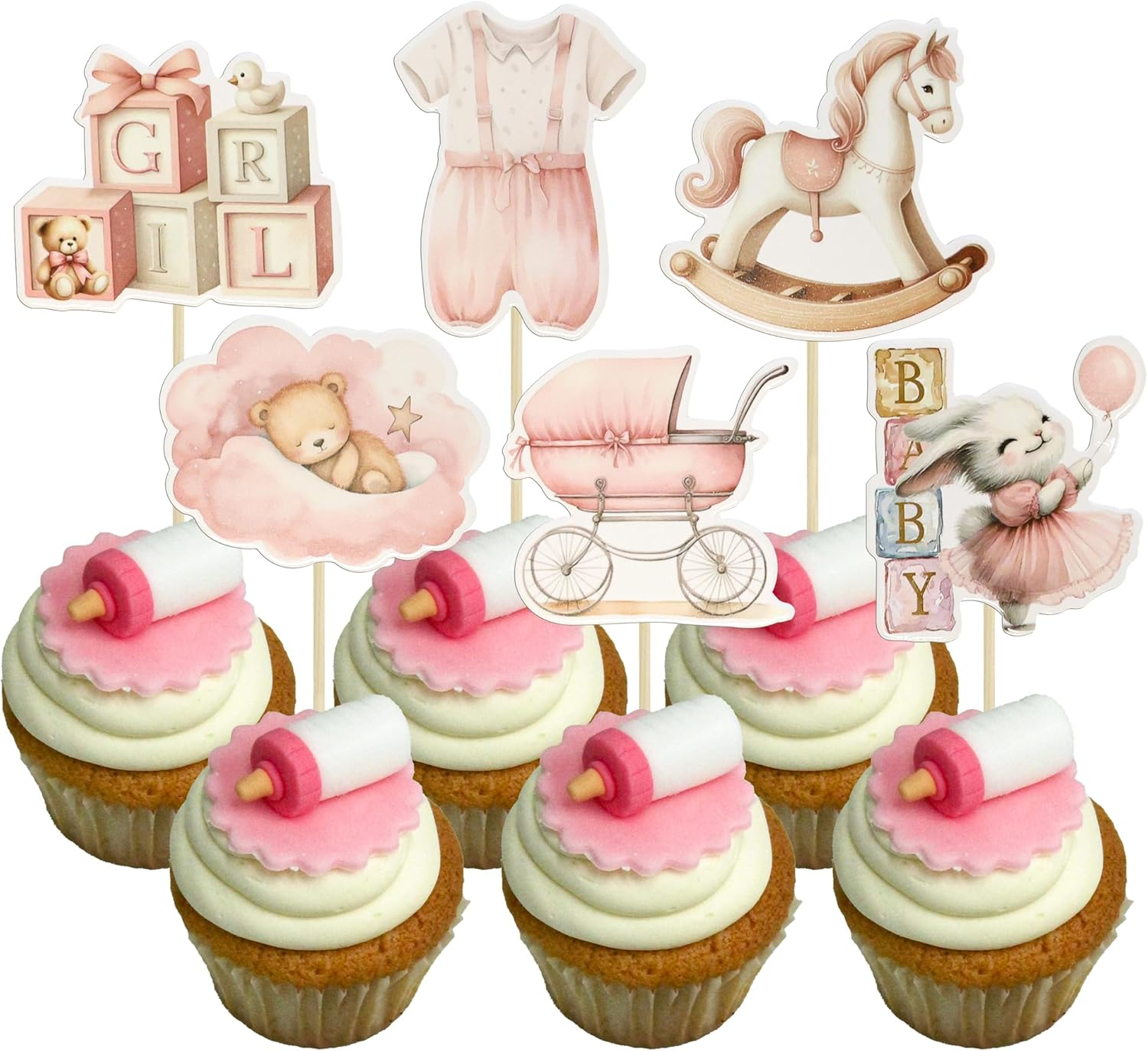 Ephlyn 36Pcs Baby Girl Cupcake Toppers Baby Shower Decorations for Girl Bear It'S a Girl Cupcake Picks Decorations for Baby Girls Birthday Party Cake Decorations Pink
