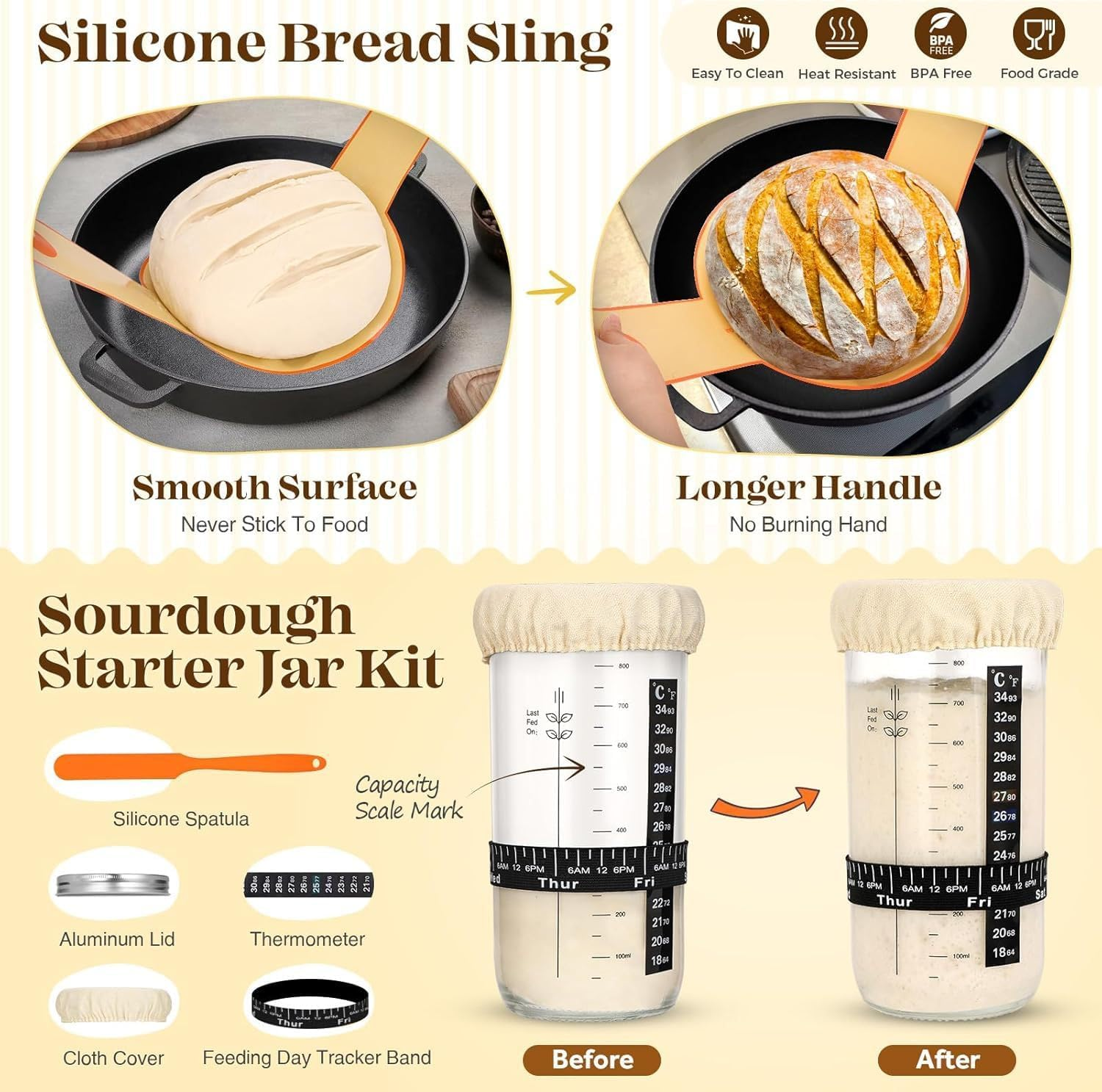 Sourdough Bread Baking Supplies, Sourdough Starter Kit, Bread Proofing Basket, Bread Making Tools Kit, Sour Dough Kit Tools, Sourdough Proofing Basket, Sourdough Kit Gifts for Bakers Women Wife Mom image number 1