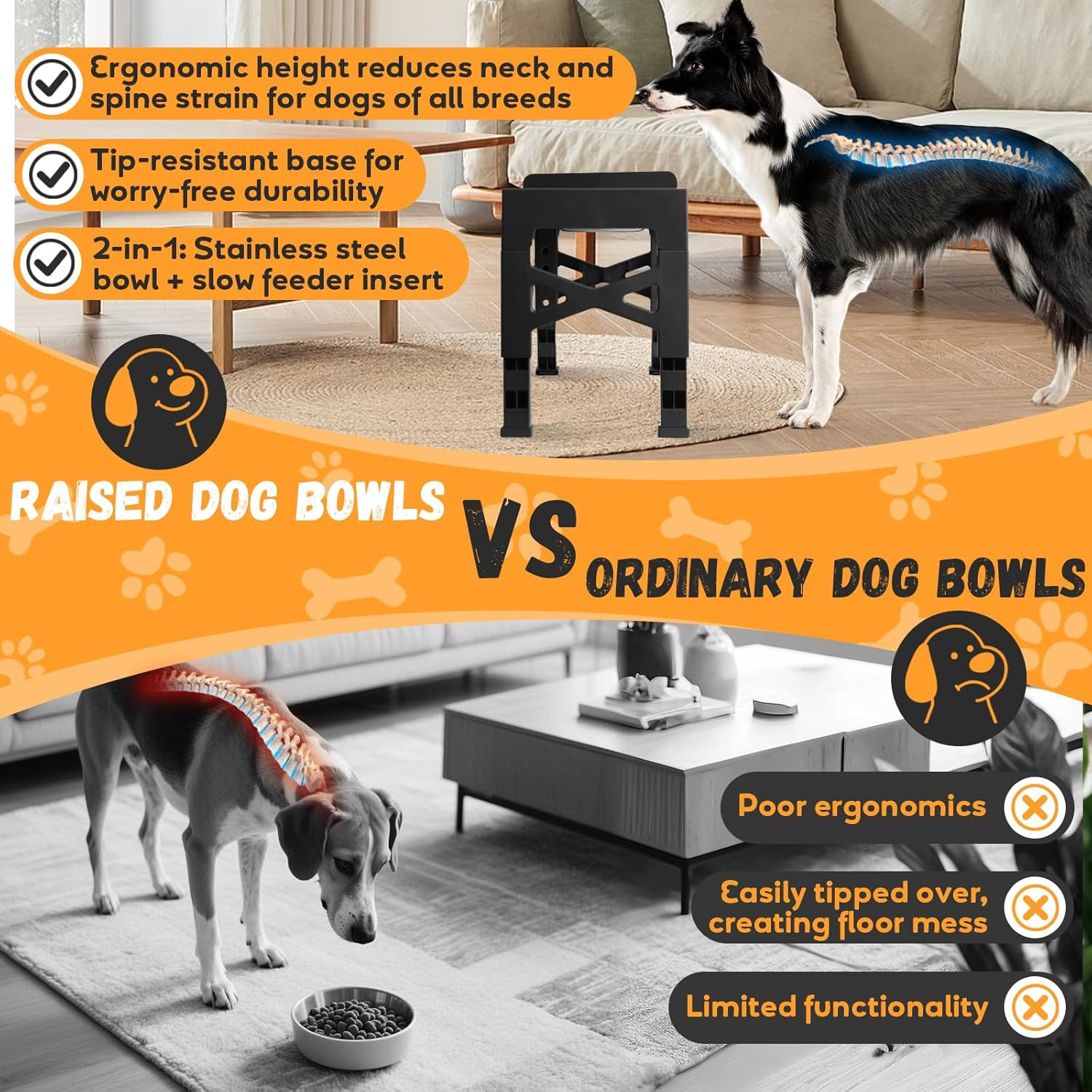 Elevated Dog Food Bowls, 5 Heights Adjustable(8Cm, 22Cm, 25Cm, 28Cm, 31Cm), Raised Dog Bowl Stand with 1 Stainless Steel Bowl & 1 Slow Feeder Bowl, Food Dishes for Small Medium Large Dogs image number 6