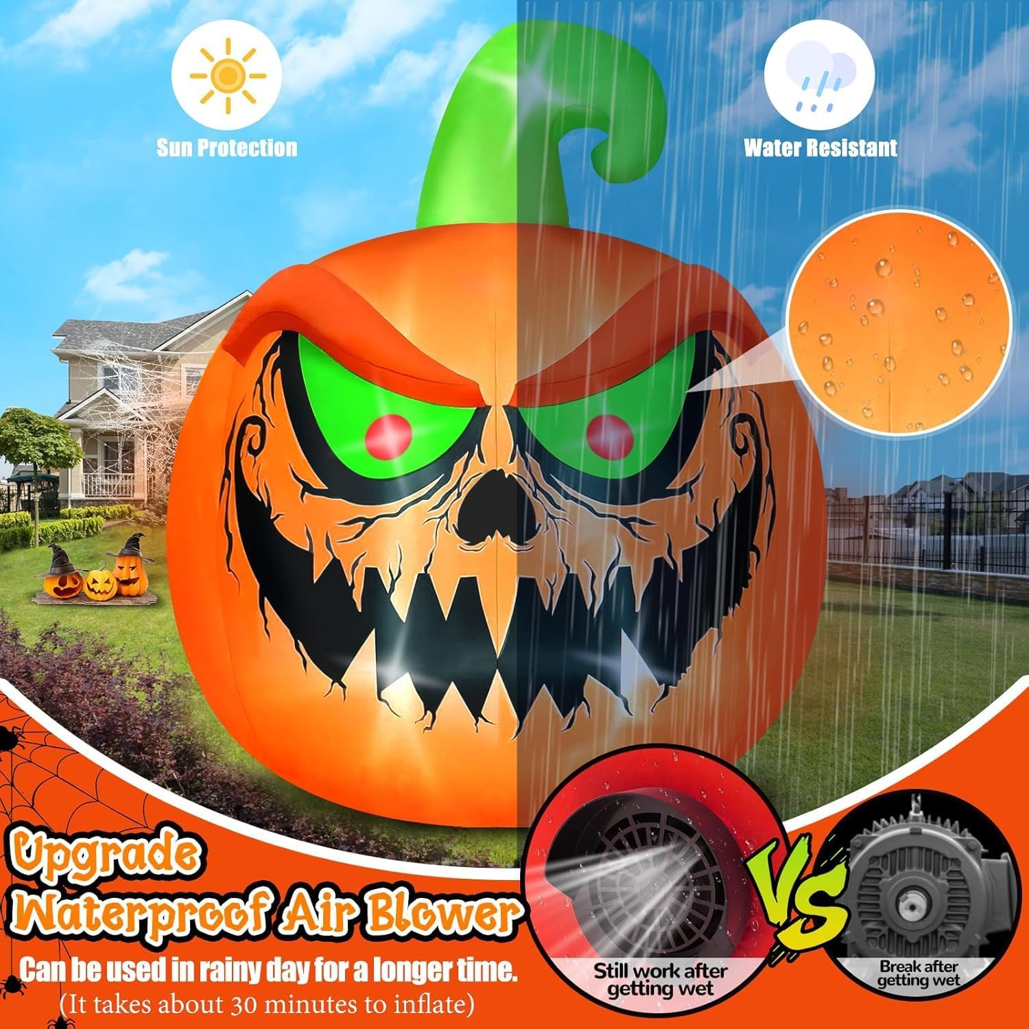 EBANKU 15 FT Giant Halloween Inflatable Pumpkin Outdoor Decorations Blow up Yard Build-In Leds for Halloween Outdoor Indoor Garden Lawn Yard Party Decor image number 4