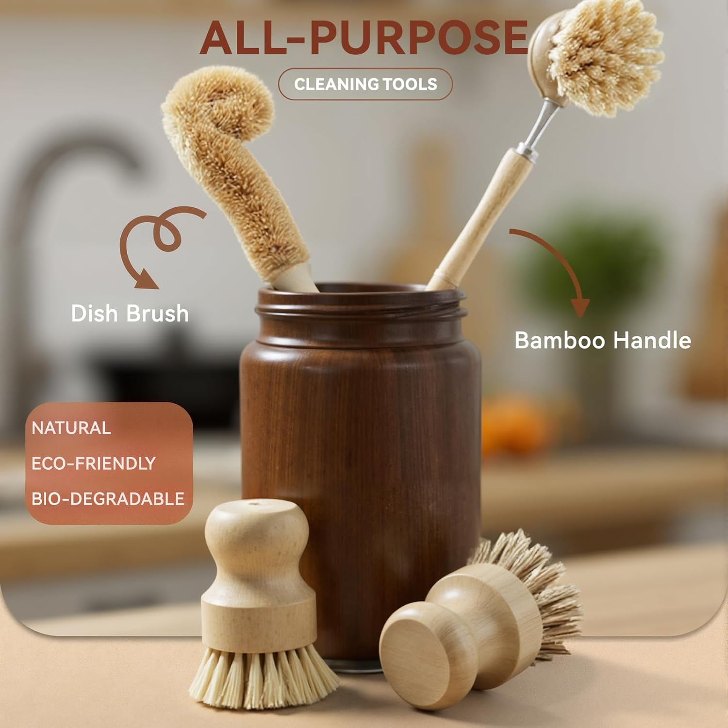 Sashion Bamboo Dish Brush Set - 5 Pack Wooden Dish Brush Scrubber Brushes, Soft Sisal Dish Scrubbing Brush with Handle, Palm Scrub Brush and Straw Brush, Fruit Vegetable Cleaning Brushes image number 1