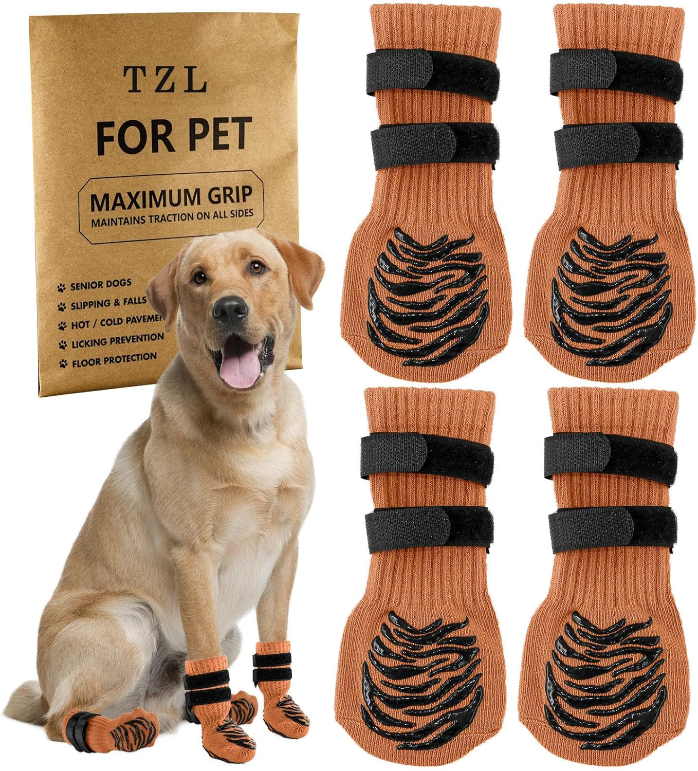 Anti-Slip Dog Socks with Double Sides Grips for Hardwood Floor,Dog Boots to Prevent Licking with 2 Adjustable Straps (Orange, XL) image number 2