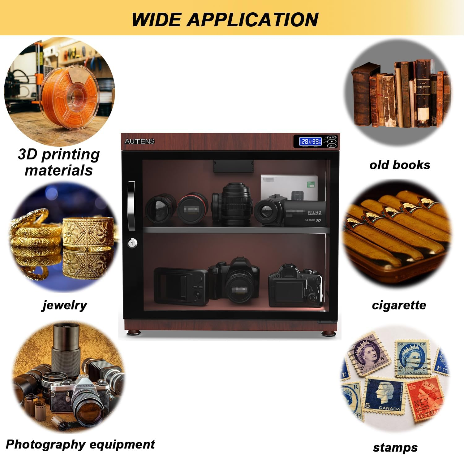 AUTENS 80L Dehumidifying Dry Cabinet Box, Wood Grain Design Digital Control Noiseless and Energy Saving, for Camera Lens and Electronic Equipment Storage,Temperature Humidity LED Dual Screen image number 4
