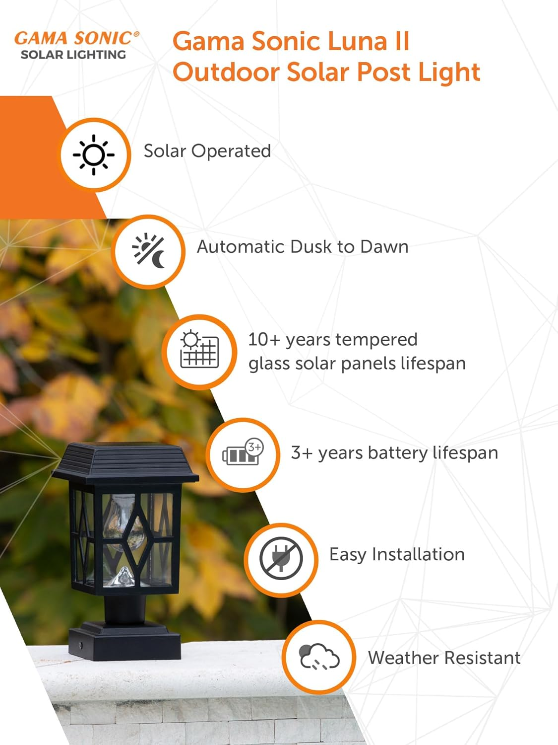 Gama Sonic Luna II Outdoor Solar Light for Columns, Walls, and Fence Posts, 2-Pack, Pier Mount Lamp or 4X4 Mount, Black Cast Heavy-Duty Aluminum image number 6