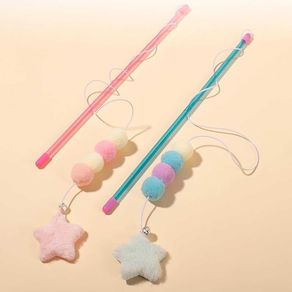 Typogrove Cat Toy Wand, Pink Cat Stick Toy Elastic Rope Plush Ball Star Pendant, Bite-Resistant Comfortable Grip Relieve Boredom, Handmade Kitten Teaser Wand Cat Mice and Animals Toys image number 6