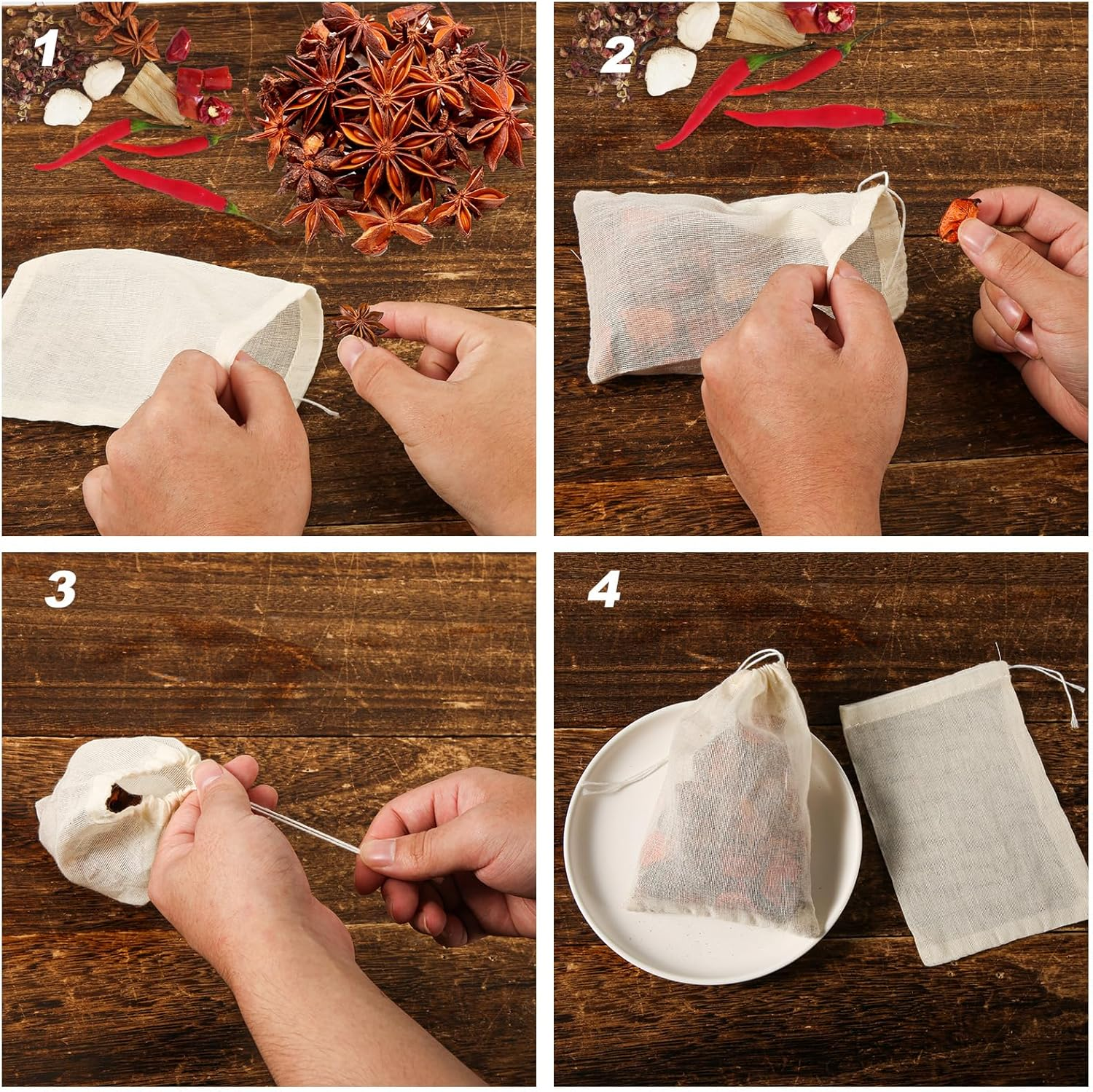 30Pcs Spice Bags for Cooking, 6X4 Inch Reusable Cotton Drawstring Soup Bags Tea Filter Bags Cheesecloth Bags Muslin Bags for Cooking image number 4