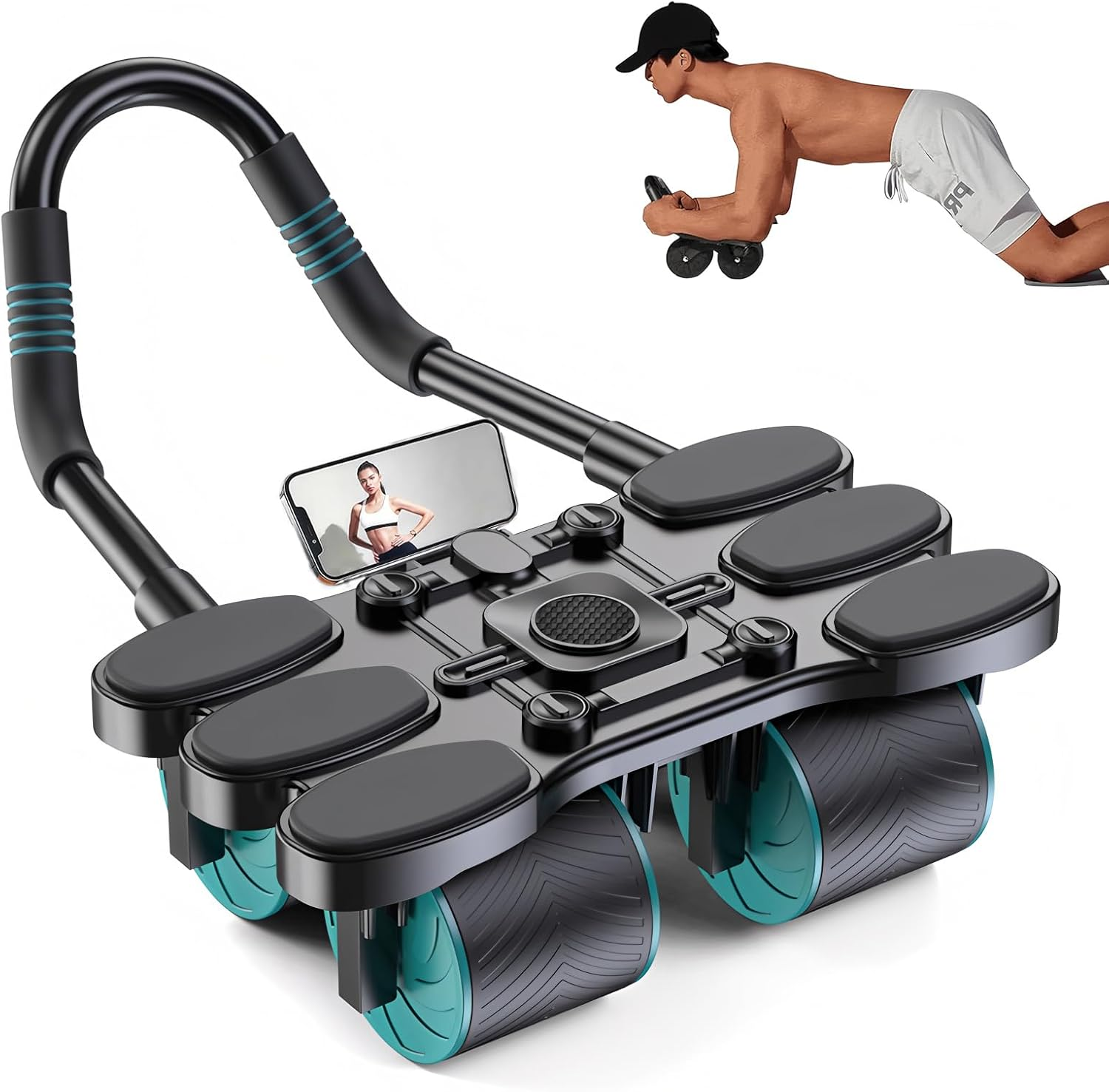 Hoplite Sports Ab Roller Wheel with Elbow Support &ndash; Power Roller Fitness Equipment for Abs, Core & Full Body &ndash; 4-Wheel Base, Silent Rebound, Anti-Slip Tires & Foldable Handles with Phone Holder