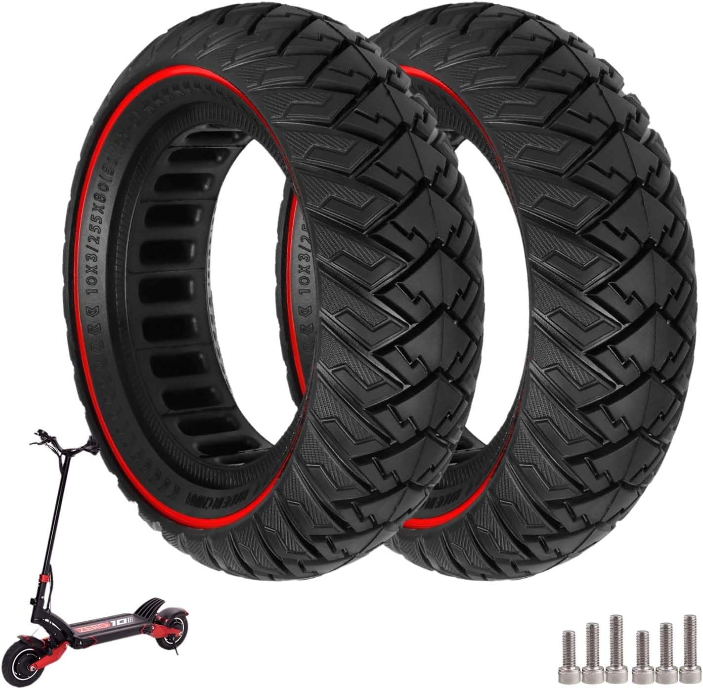 10 Inch Scooter Solid Tyres, Electric Scooter Solid Rubber Tyres 10 X 3/255 X 80 (80/65-6) Replacement Tyres for Zero 10X / Kaabo Wolf Warrior X/MANTIS 10, Front/Rear Scooter Solid Tyres (2 Pieces