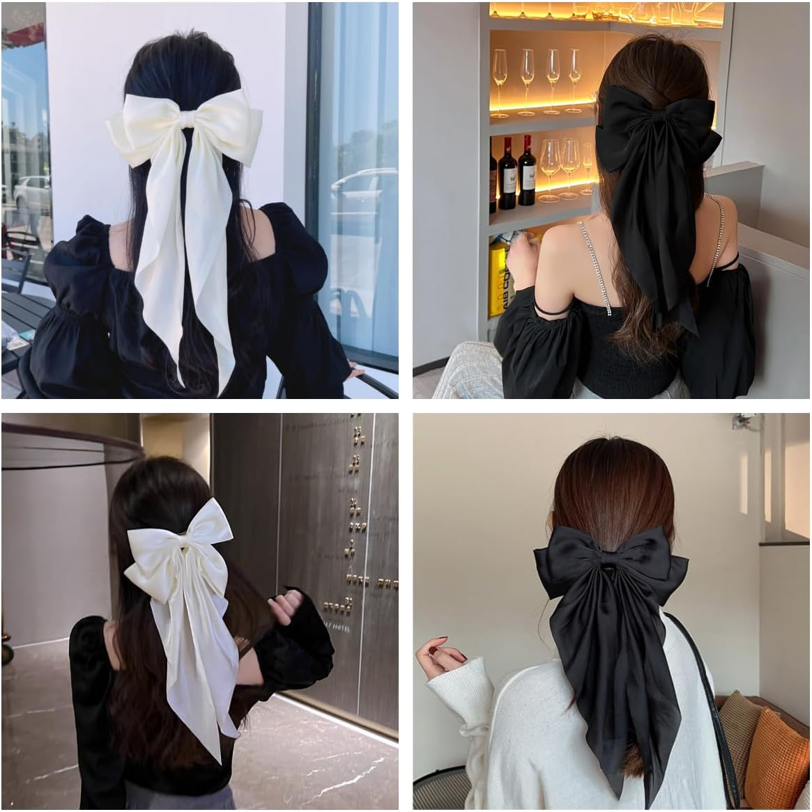Hair Clips with Large Bow, 2 Pieces Hair Bows for Women, Silky Satin Hair Clip, French Hair Clip with Long, for Women Girls (Black + White) image number 3
