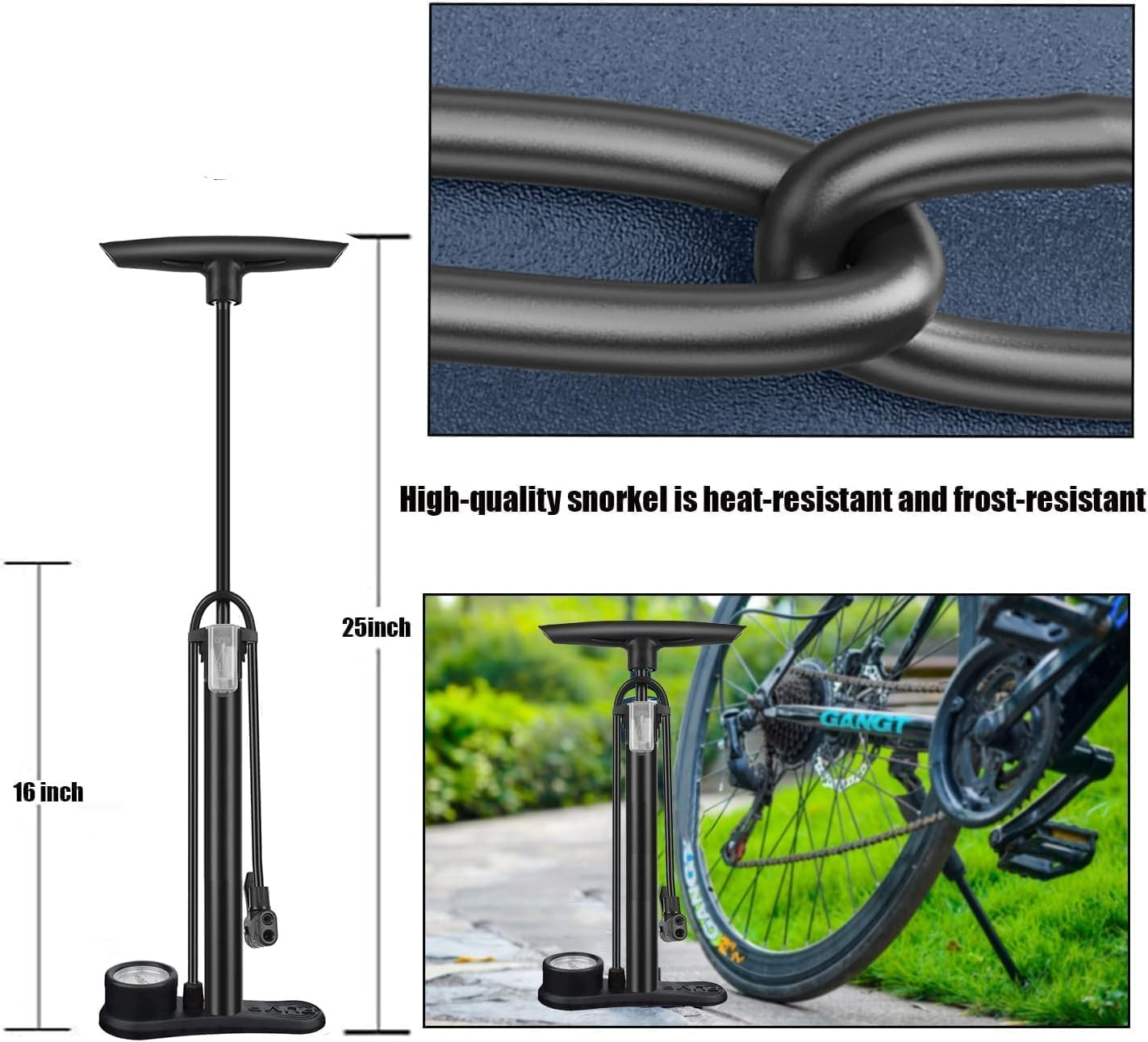 Bike Pump with Gauge 160 PSI - Dual Valve (Schrader/Presta) with Gauge | Includes Tire Repair Kit & Nozzles | Floor Pump for Road/Mountain Bikes image number 6