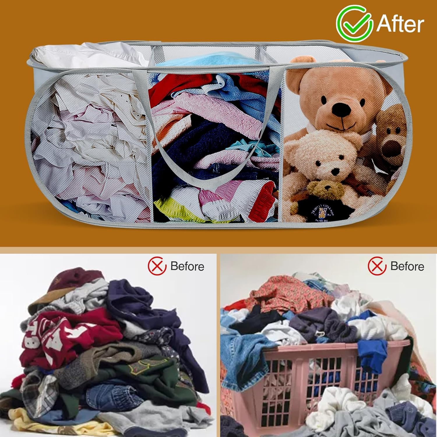 Vellaluna Collapsible Laundry Basket,3 Compartments Mesh Laundry Basket, Large Laundry Hamper Basket with Handle,Collapsible Mesh Dirty Clothes Hamper for Bathroom, Kids Room,Travel or Camping