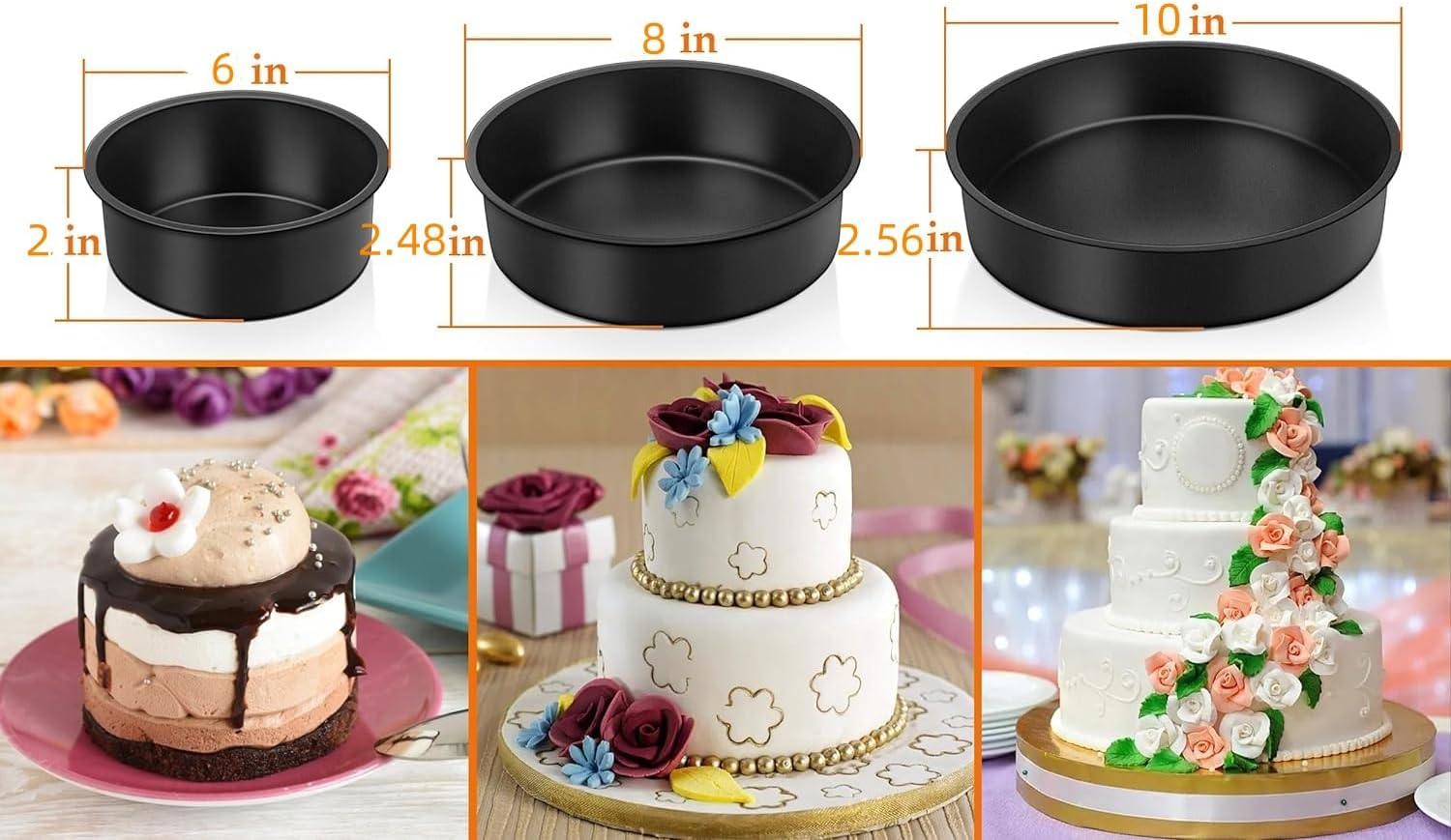 WUWFKUI round Cake Pan Set,3Pcs(6'' / 8''/ 10'') Nonstick Cake Pan with Removable Bottom (Golden)