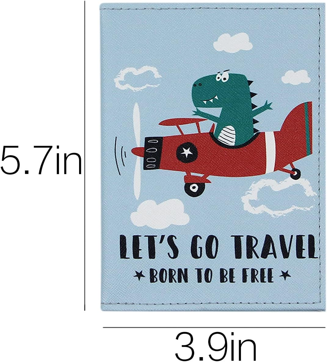 Cute Vegan Leather Passport Holder Cover World Map Travel One Pocket Passport Case Wallet for Kids Teens Adults, Dino-Blue-Plane, One Size, Compact