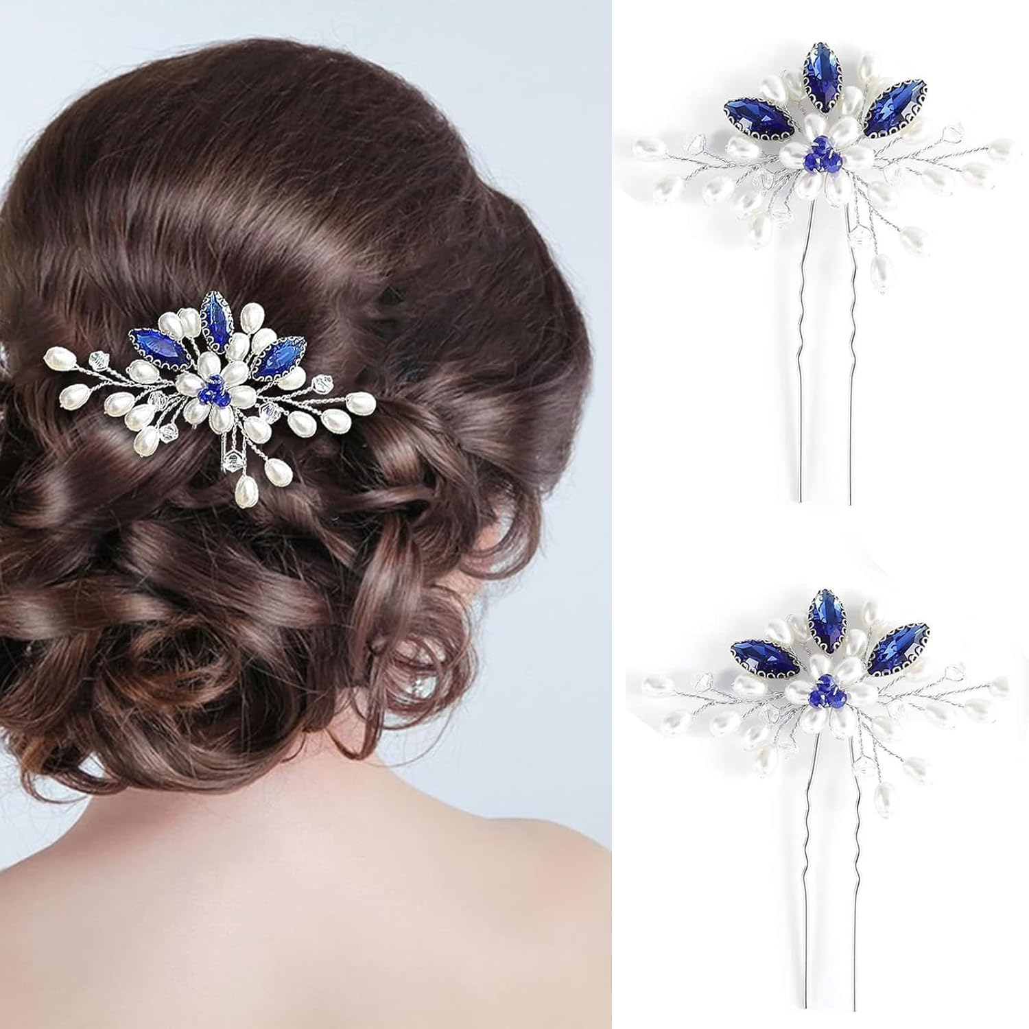 Xinlon Pack of 2 Hair Accessories Girls, U-Shaped Bridal Hair Pins, Hair Accessories Wedding Blue, Crystal Beads, Bridal Hair Comb for Bridesmaids, Brides, Wedding, Ball, Party, Stage Shows image number 1