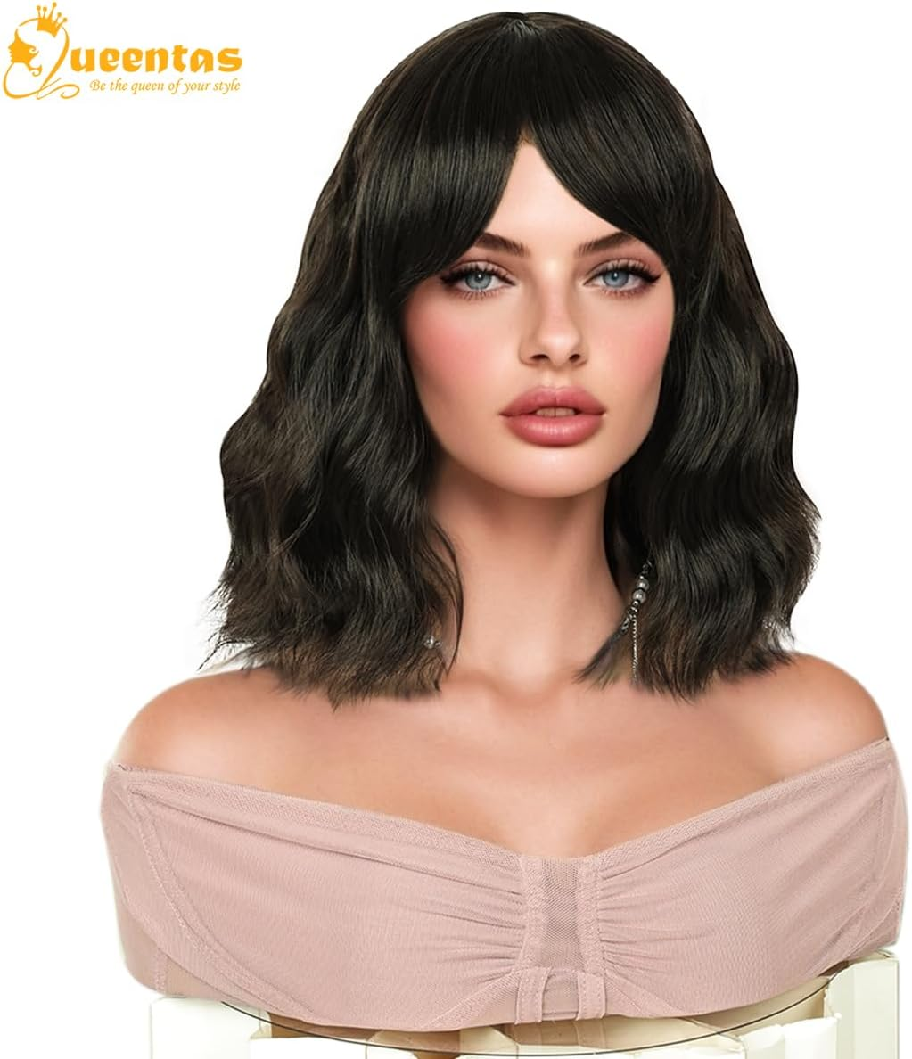 QUEENTAS Short Bob Black Brown Wigs for Women Shoulder Length with Bangs Wavy Wig Synthetic Hair Wig
