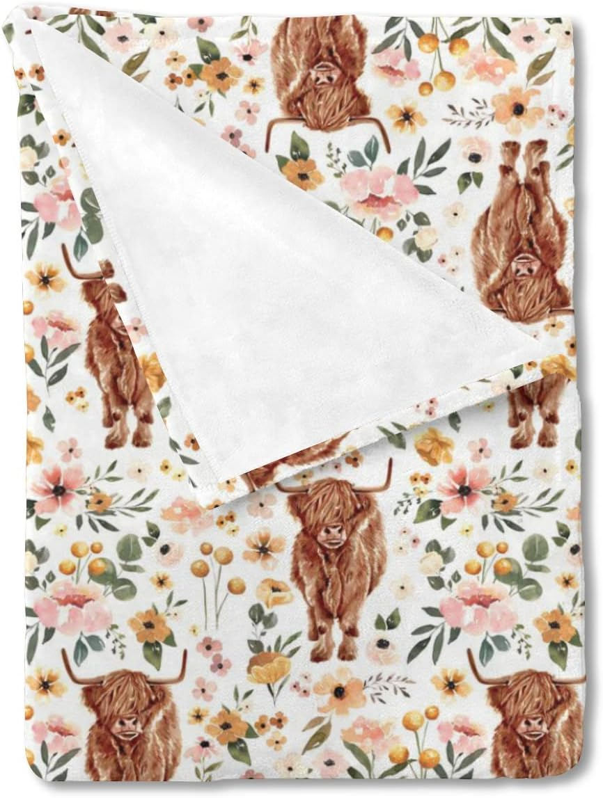 Hawskgfub Baby Toddler Boy Girl Highland Cow Eucalyptus Leaves Neutral Blanket Gift, Nursery Farm Animal Flannel Fleece Swaddling Blankets, Western Yak Soft Newborn Baby Shower Kids Crib Bedding 30X40