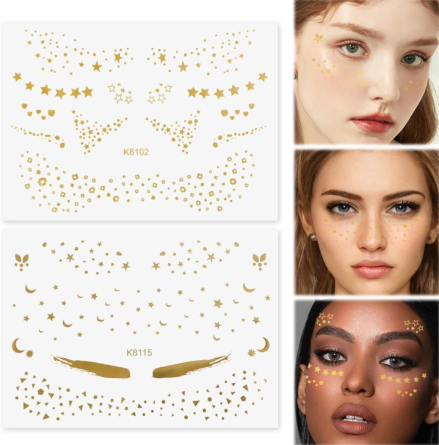 2 Sheets Glitter Freckles Face Tattoo, Sparkle Freckles for Women, Face Waterproof Glitter Speckles Patches, Used for Professional Makeup, Party Gathering (Gold)